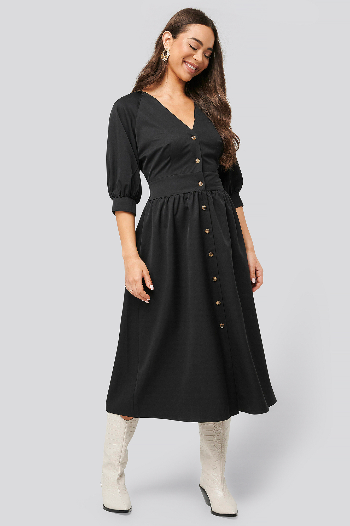 belted balloon sleeve dress