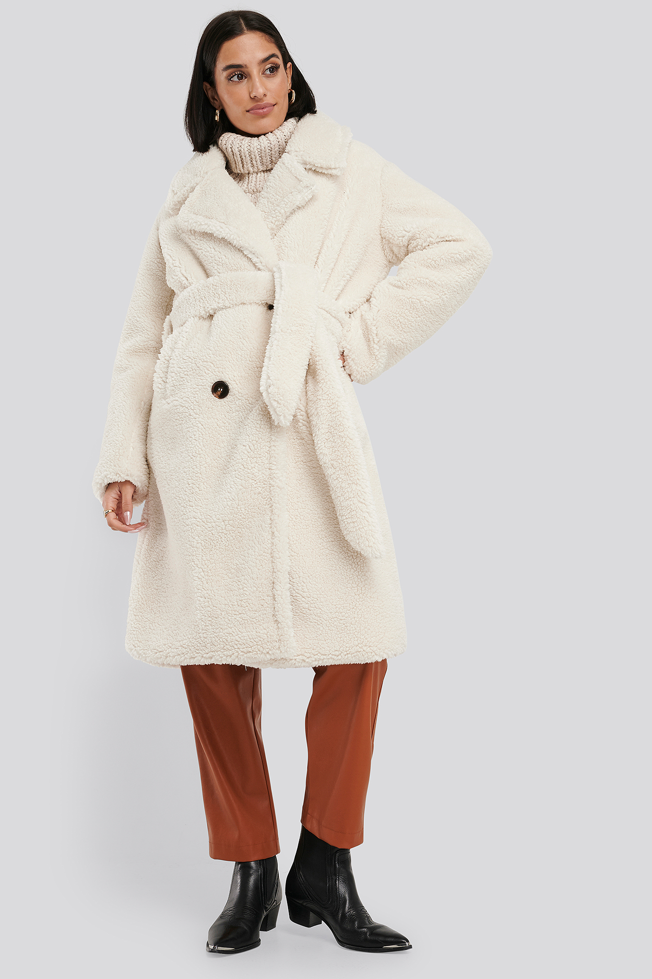 Belted Long Teddy Coat White | na-kd.com