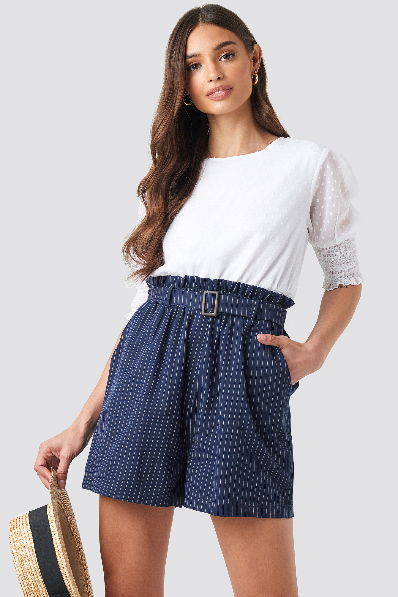 Belted Waist Striped Shorts Bleu | NA-KD