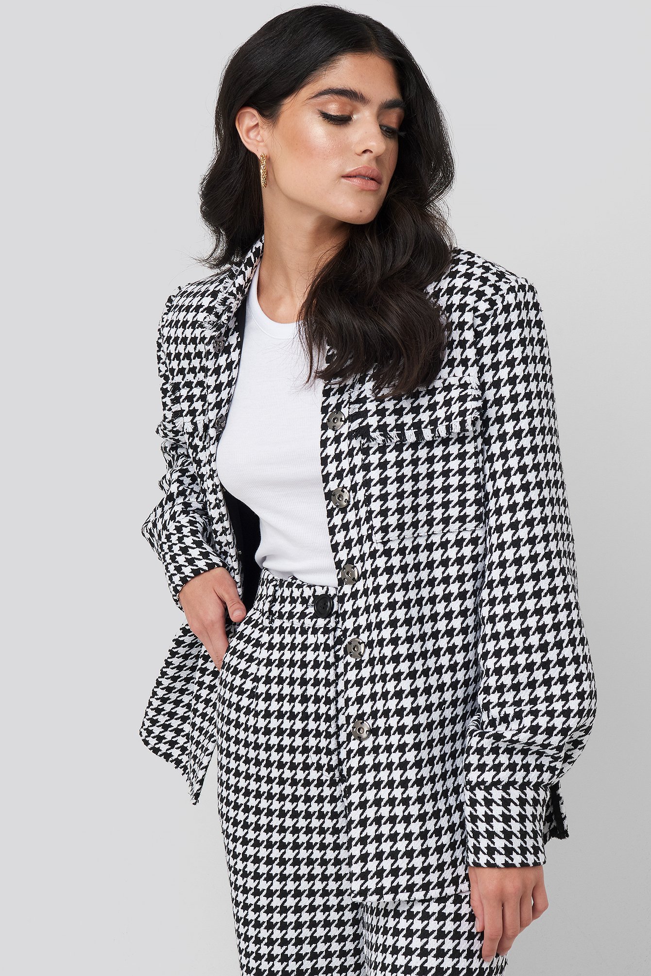 Big Dogtooth Pocket Jacket White | NA-KD