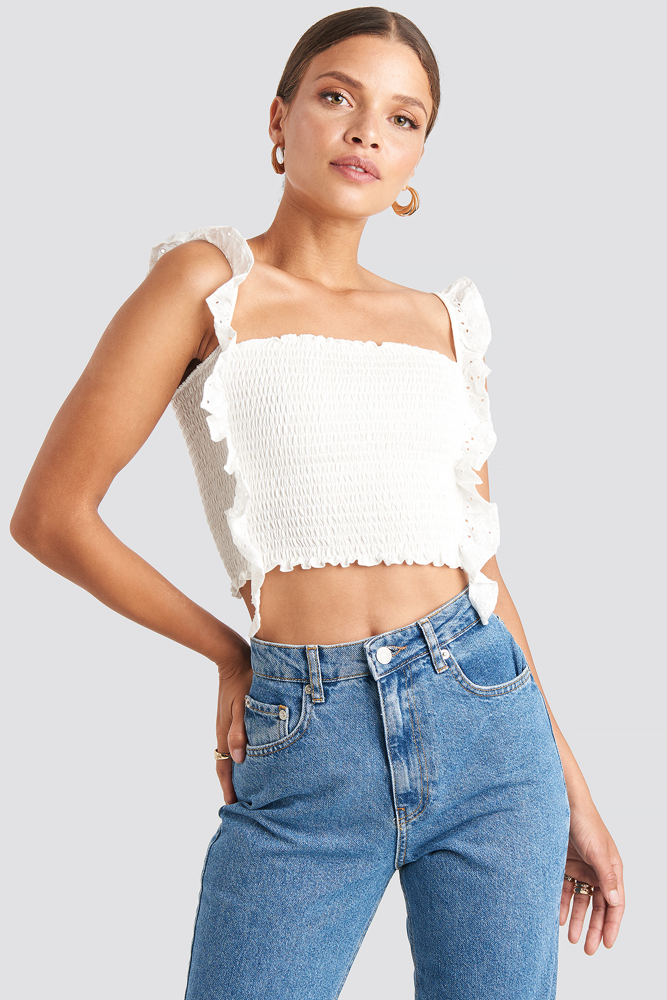 Broderie Anglais Ruffle Crop Top White 