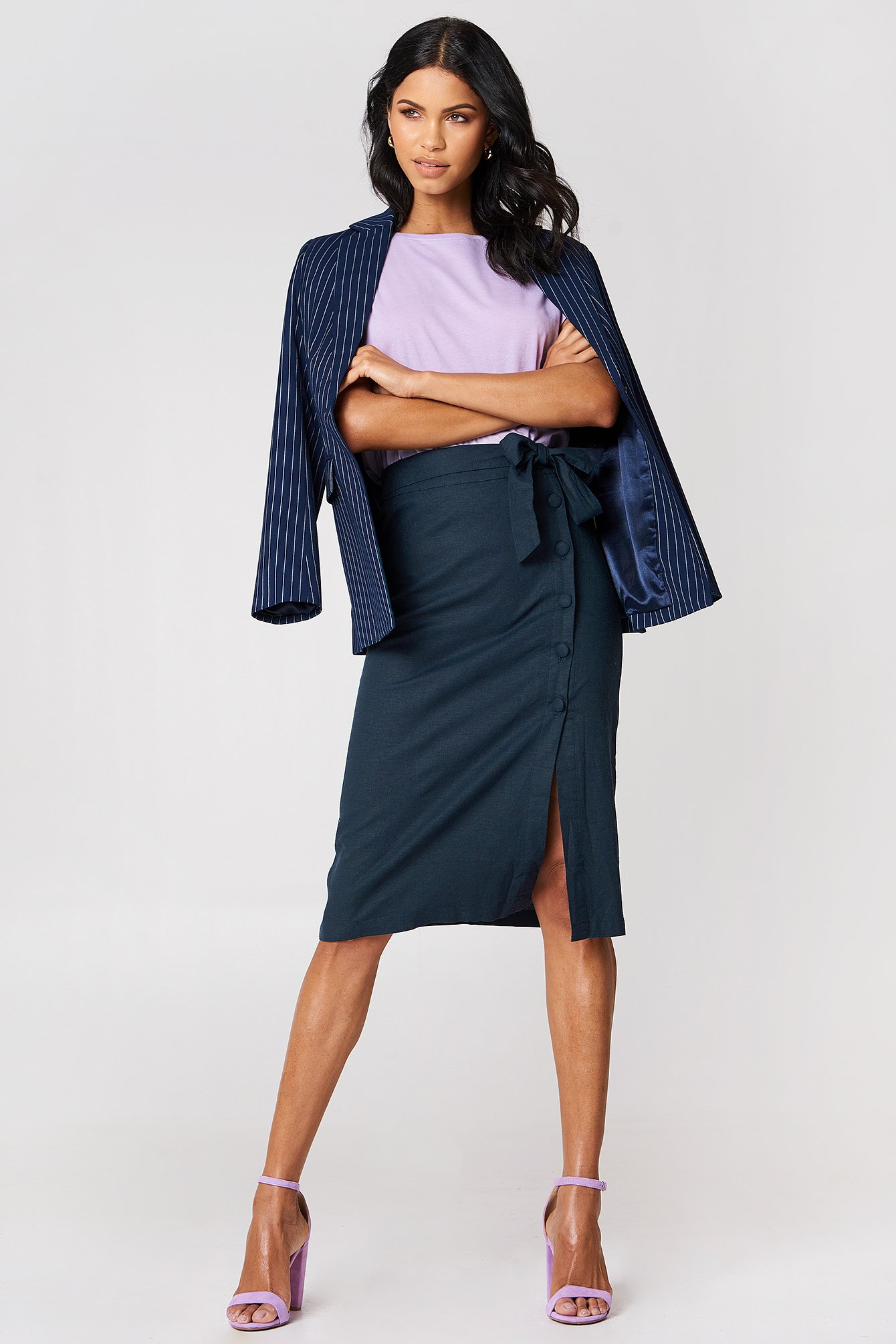 Button Linen Look Midi Skirt Dark Blue | na-kd.com - 1340 x 2010 jpeg 1750kB