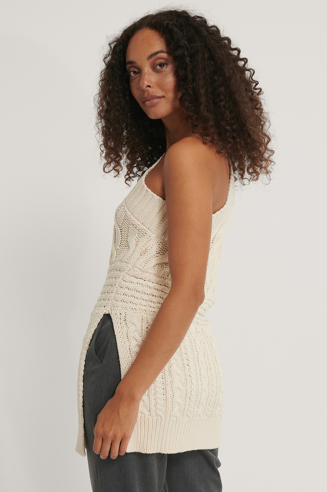 Cable Knit One Shoulder Sweater Beige