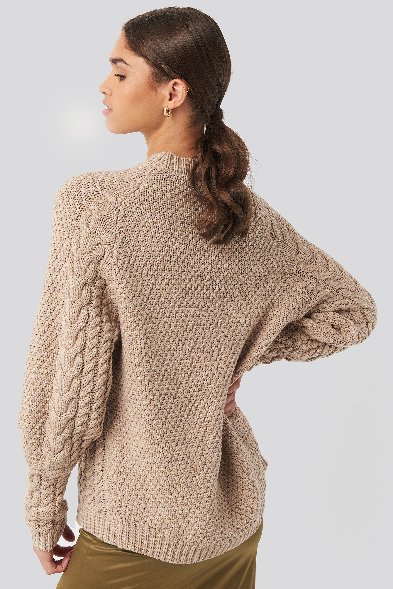 Cable Knitted Ribbed Sleeve Sweater Beige