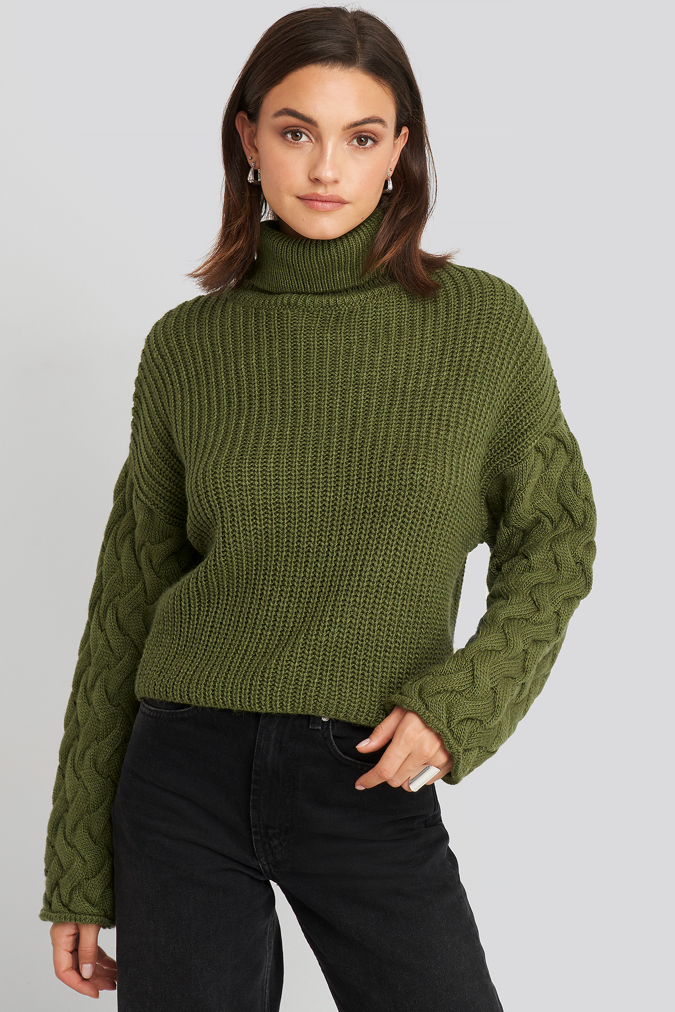 Cable Sleeve High Neck Sweater Green | na-kd.com