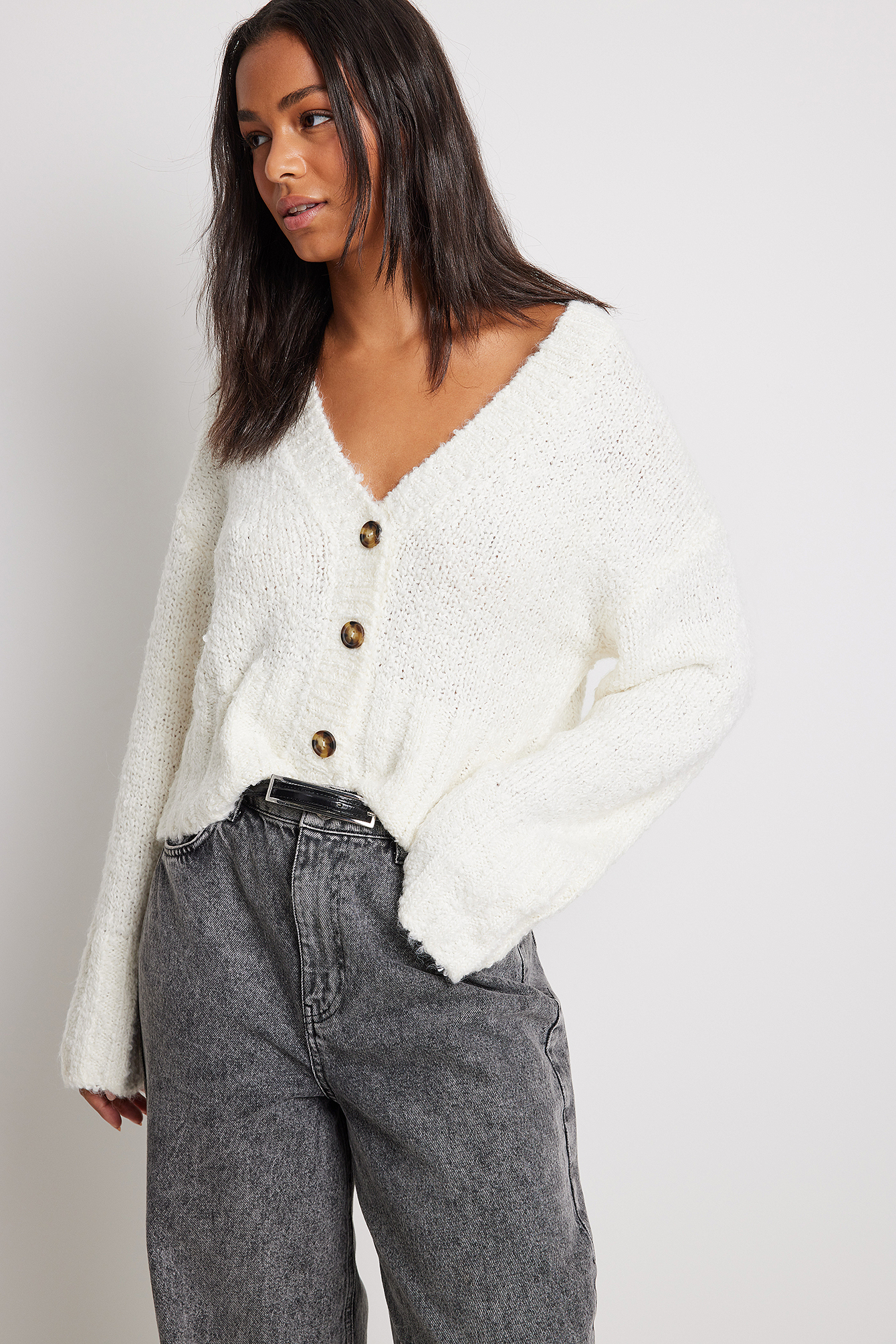 Chunky Knitted Cropped Cardigan Offwhite