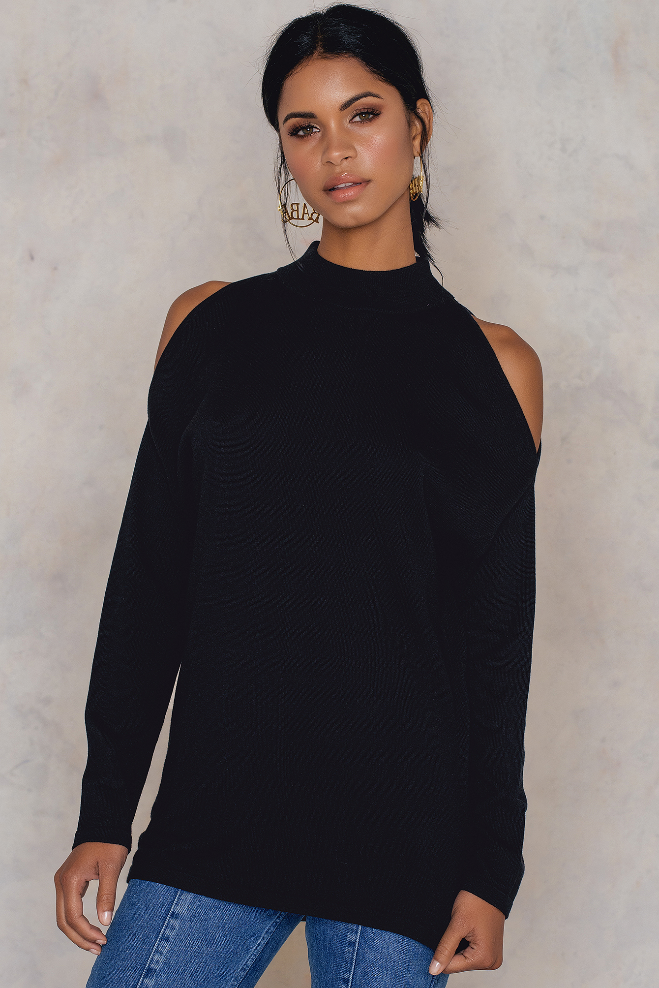 black cold shoulder polo neck jumper