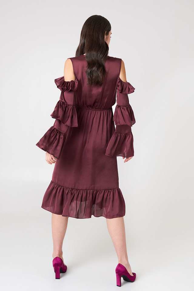 Cold Shoulder Ruffle Midi Dress Chocolate Na 