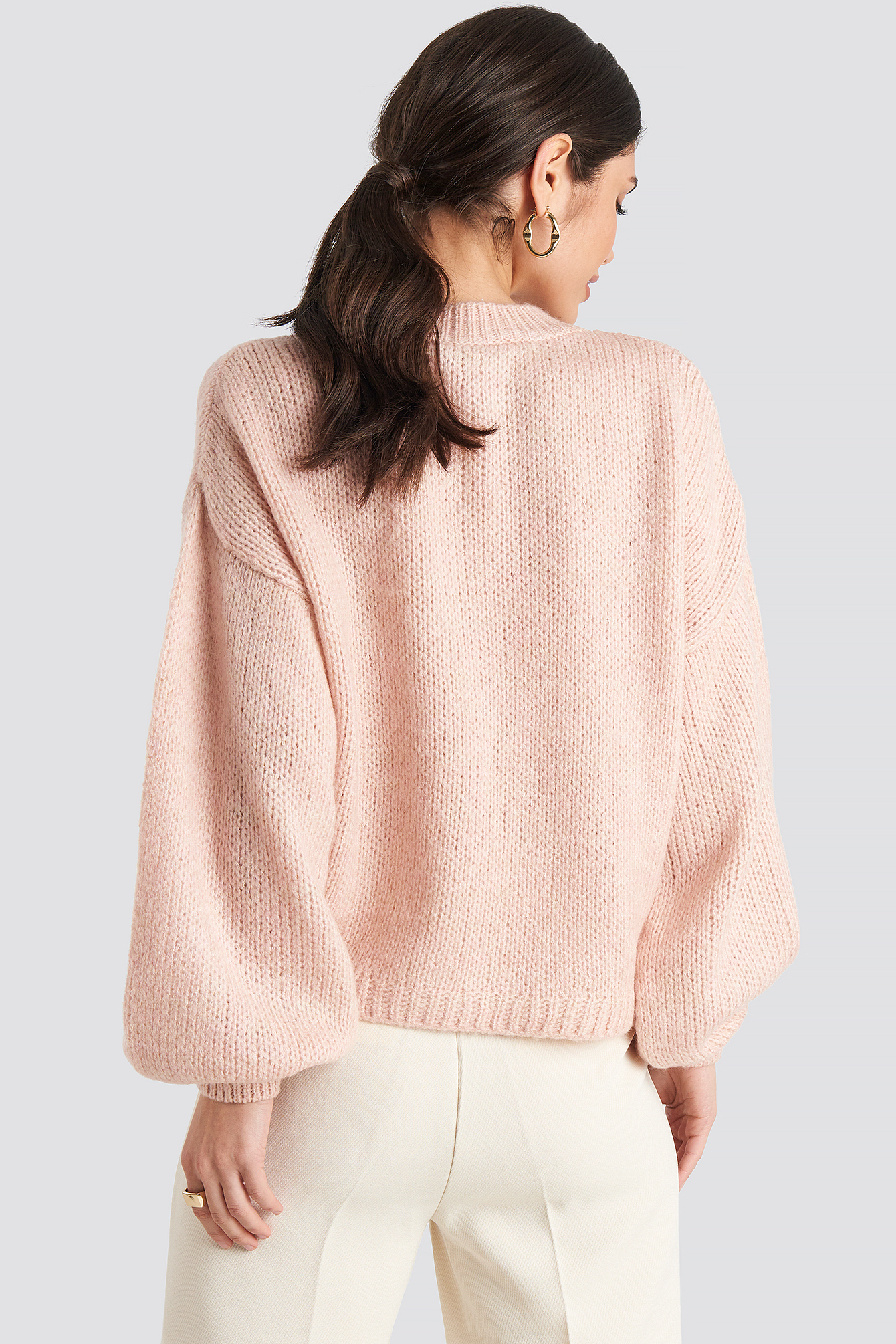 Crew Neck Volume Sleeve Knitted Sweater Pink Na