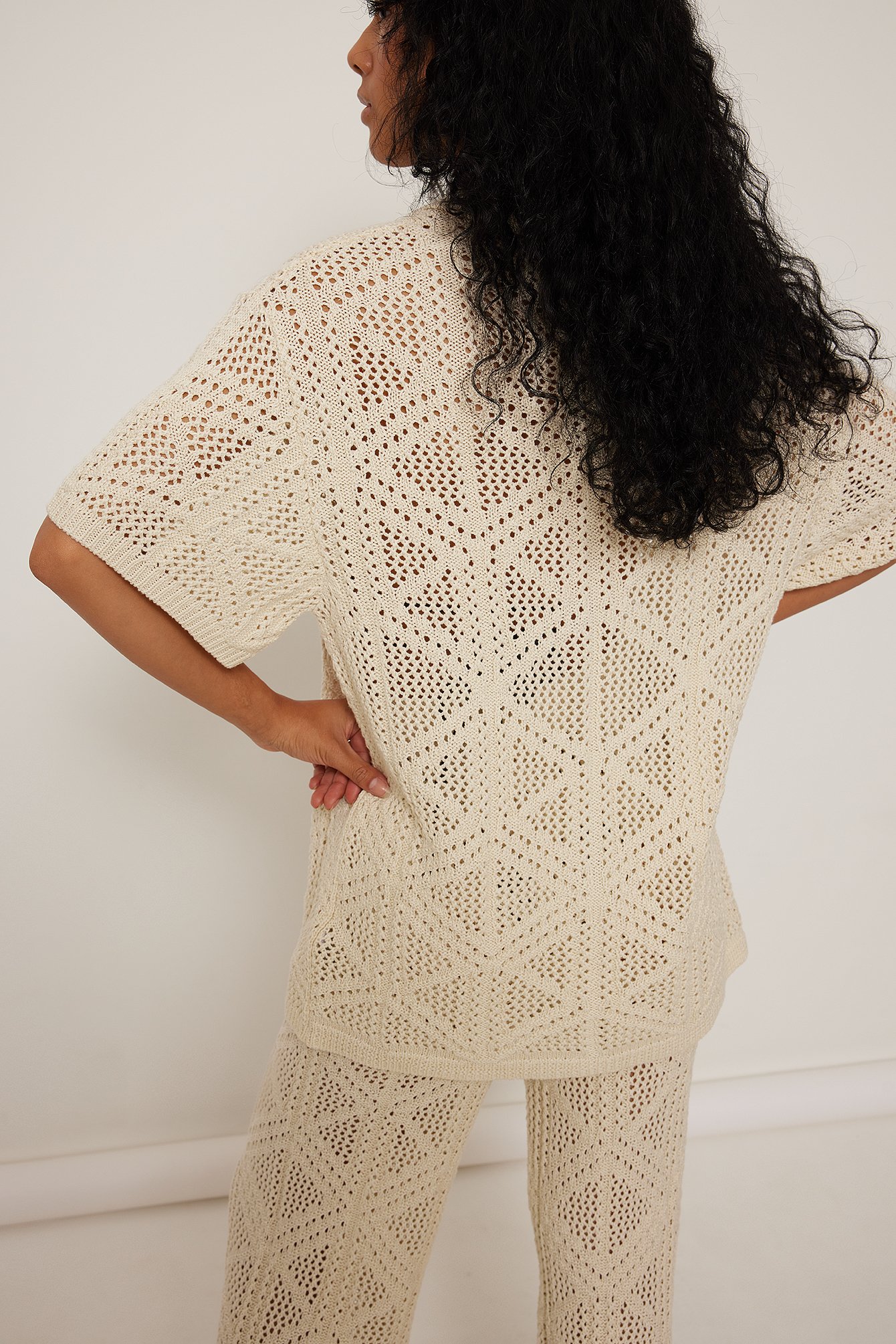 Crochet Knit Short Sleeve Shirt Offwhite