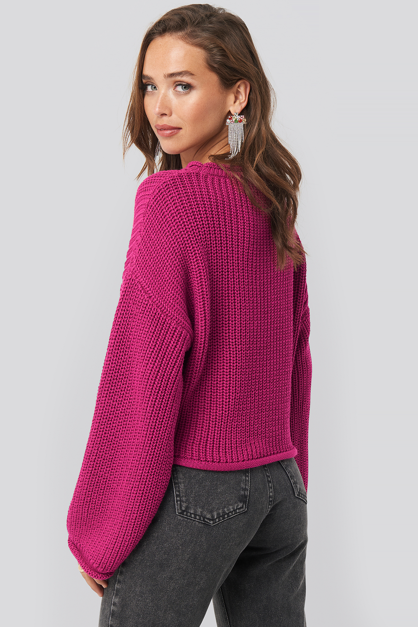 Cropped Boat Neck Knitted Sweater Pink Na 5090