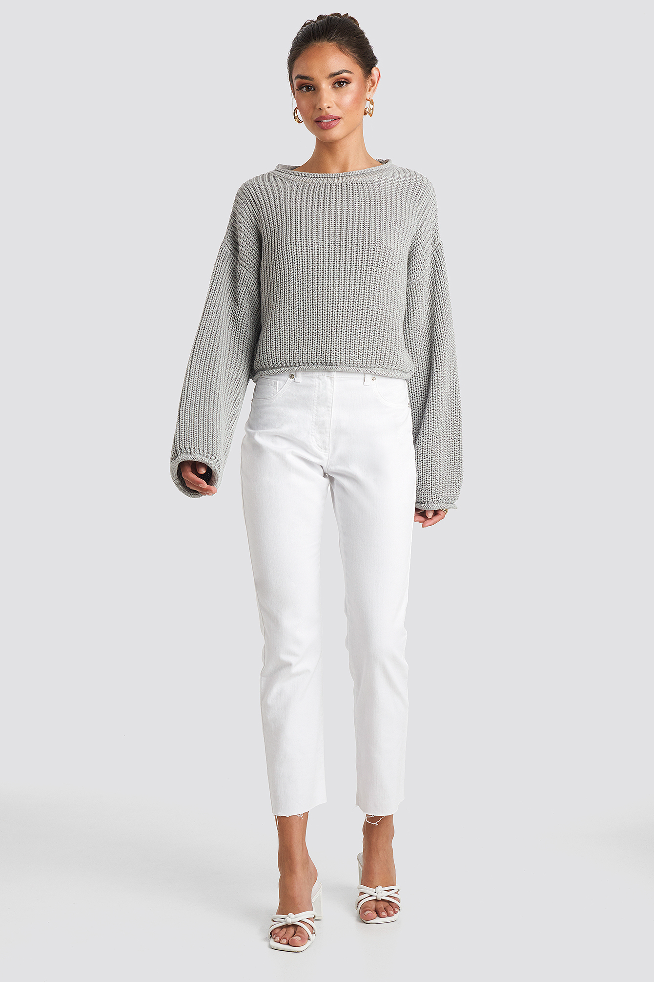 Cropped Boat Neck Knitted Sweater Grå Na 5238