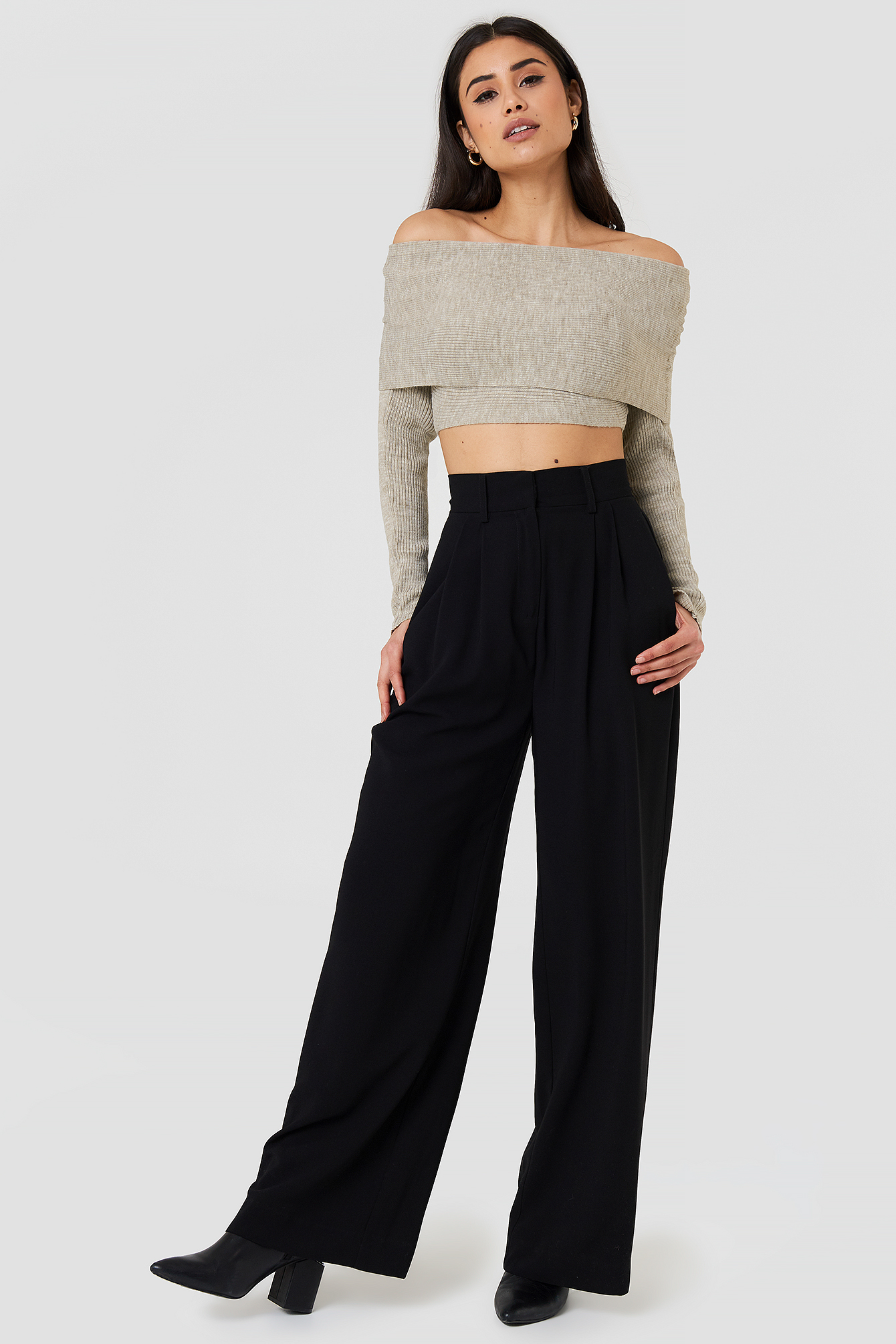 Cropped Folded Knitted Sweater Beige Melange | na-kd.com