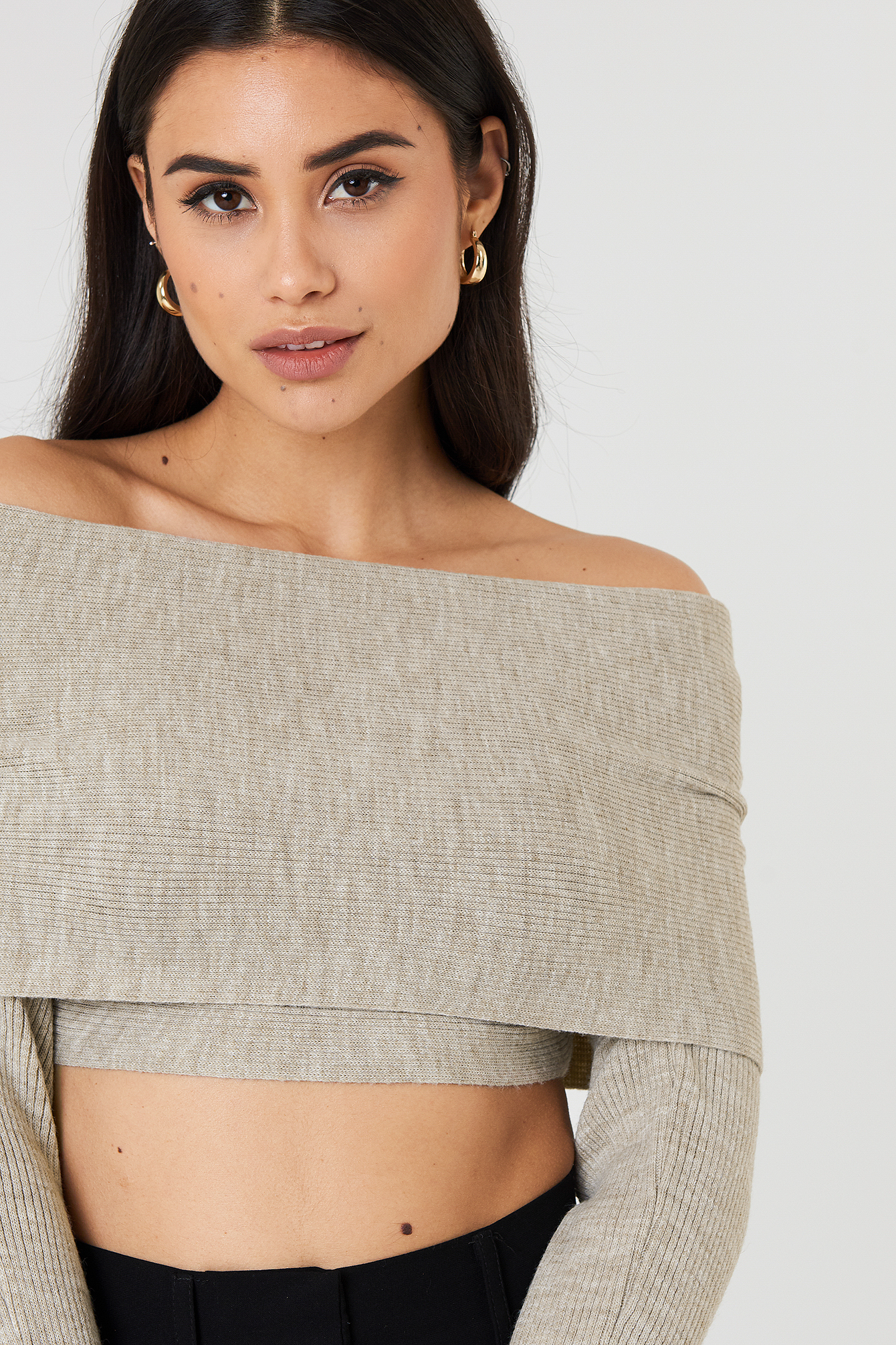 Cropped Folded Knitted Sweater Beige Melange Na