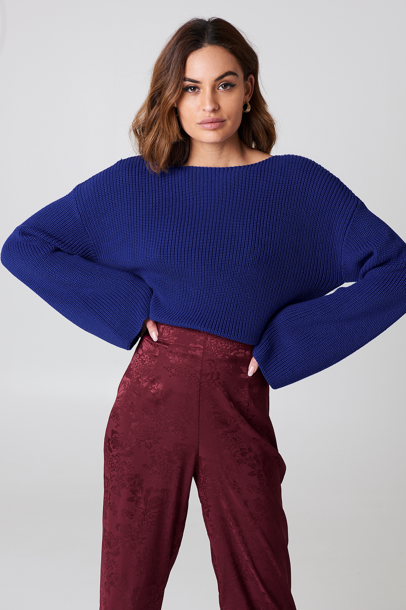 Cropped Long Sleeve Knitted Sweater Cobolt Na 1087