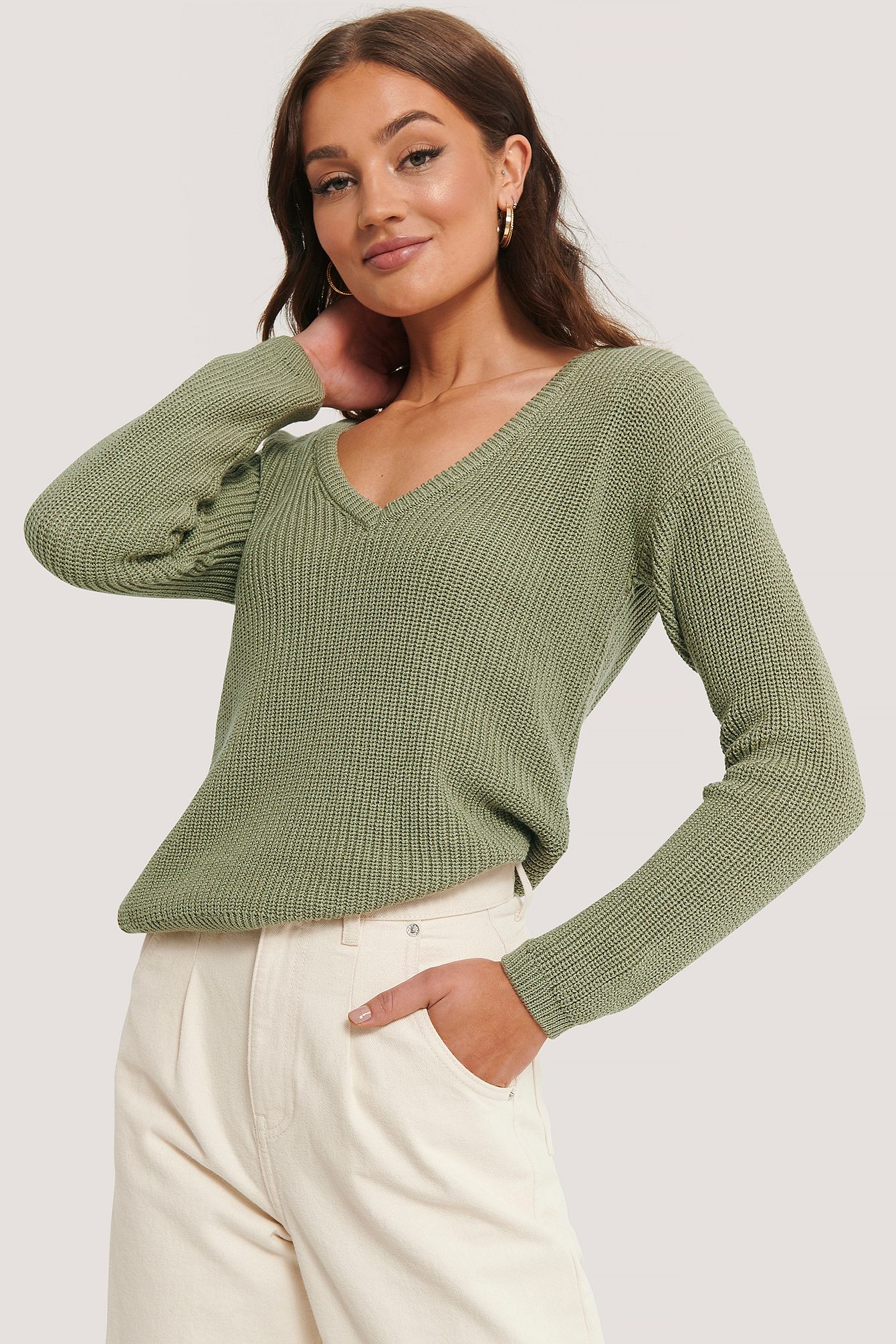 Deep Front V Neck Knitted Sweater Green Na Kd