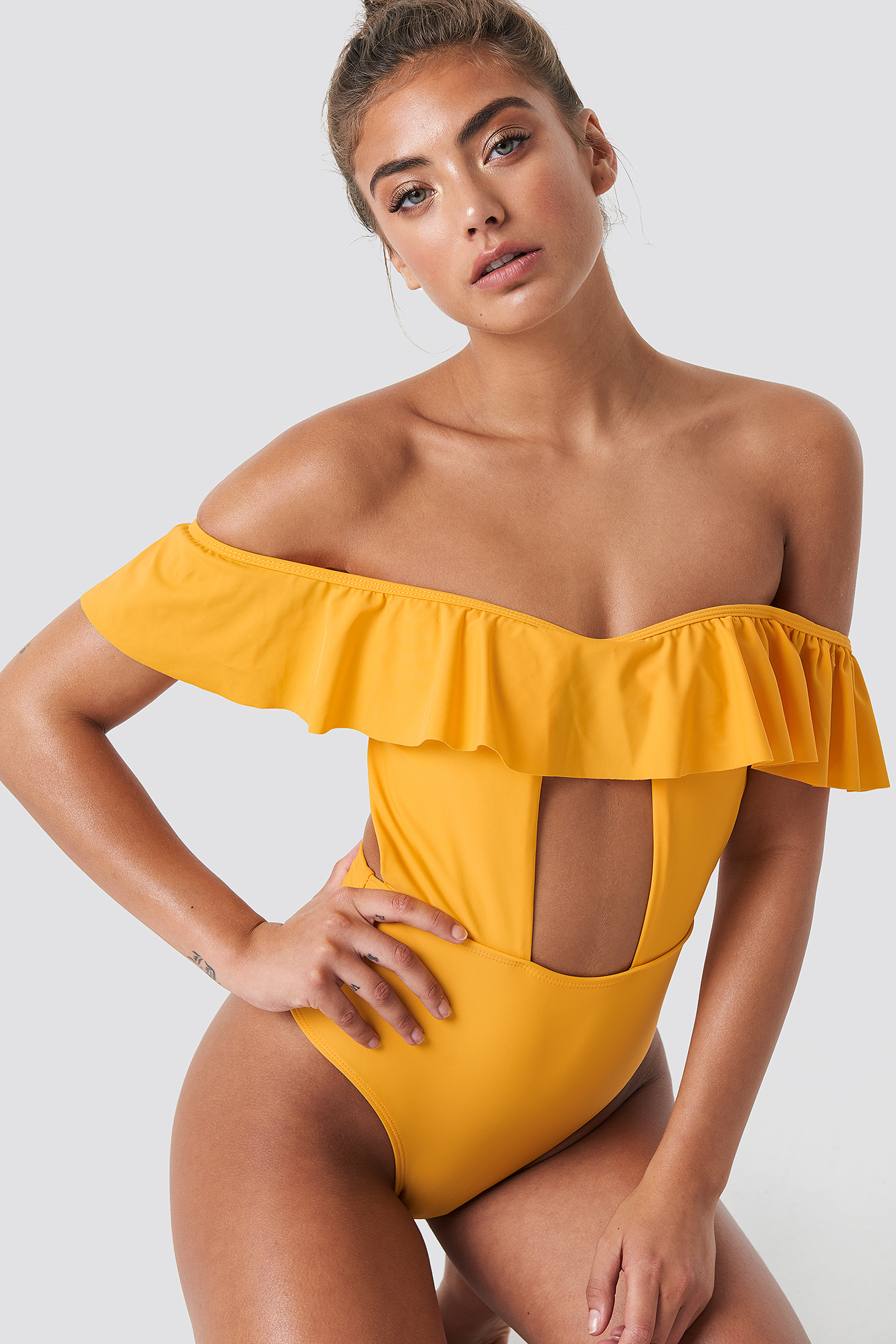 yellow off the shoulder swimsuit