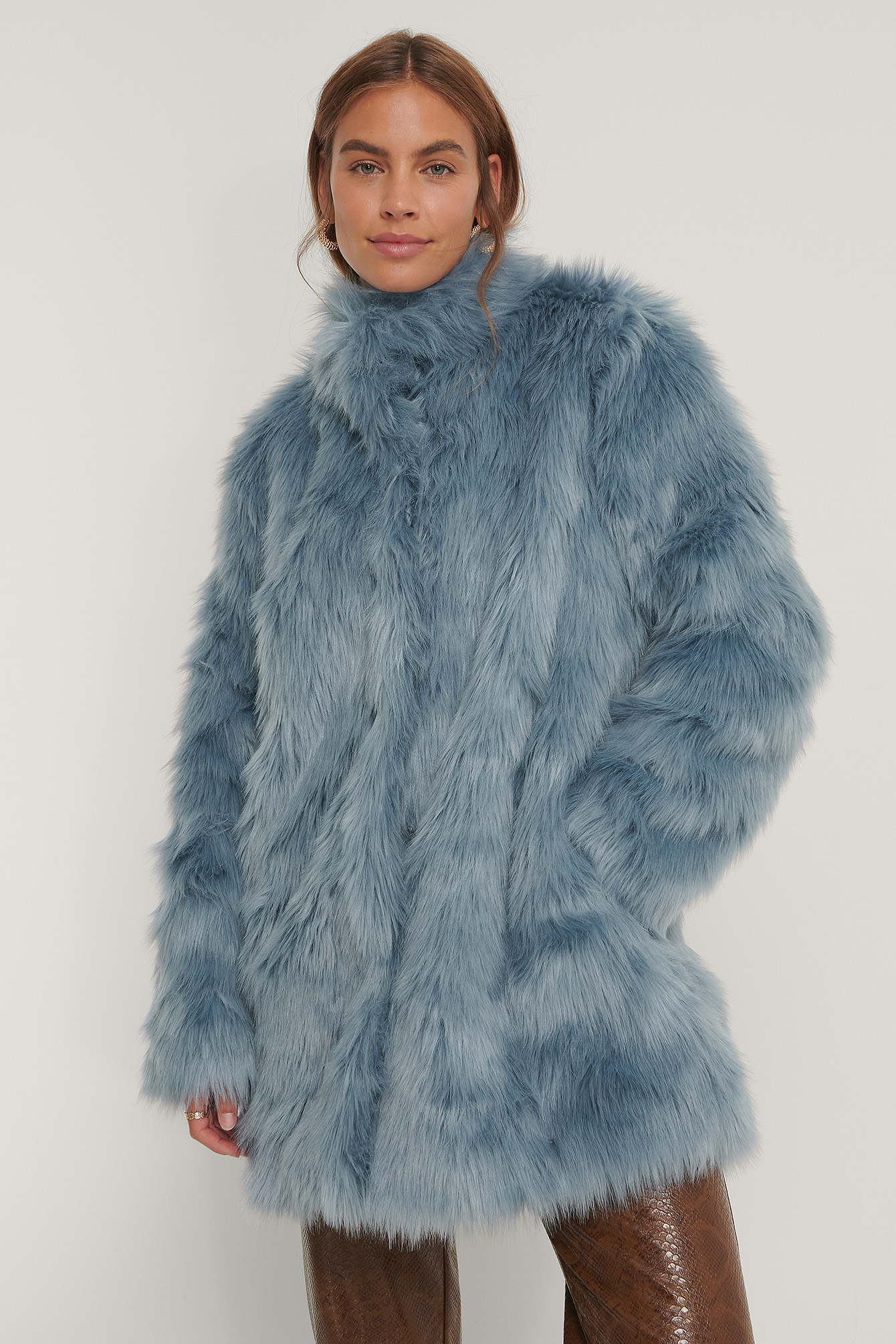 light blue faux fur coat