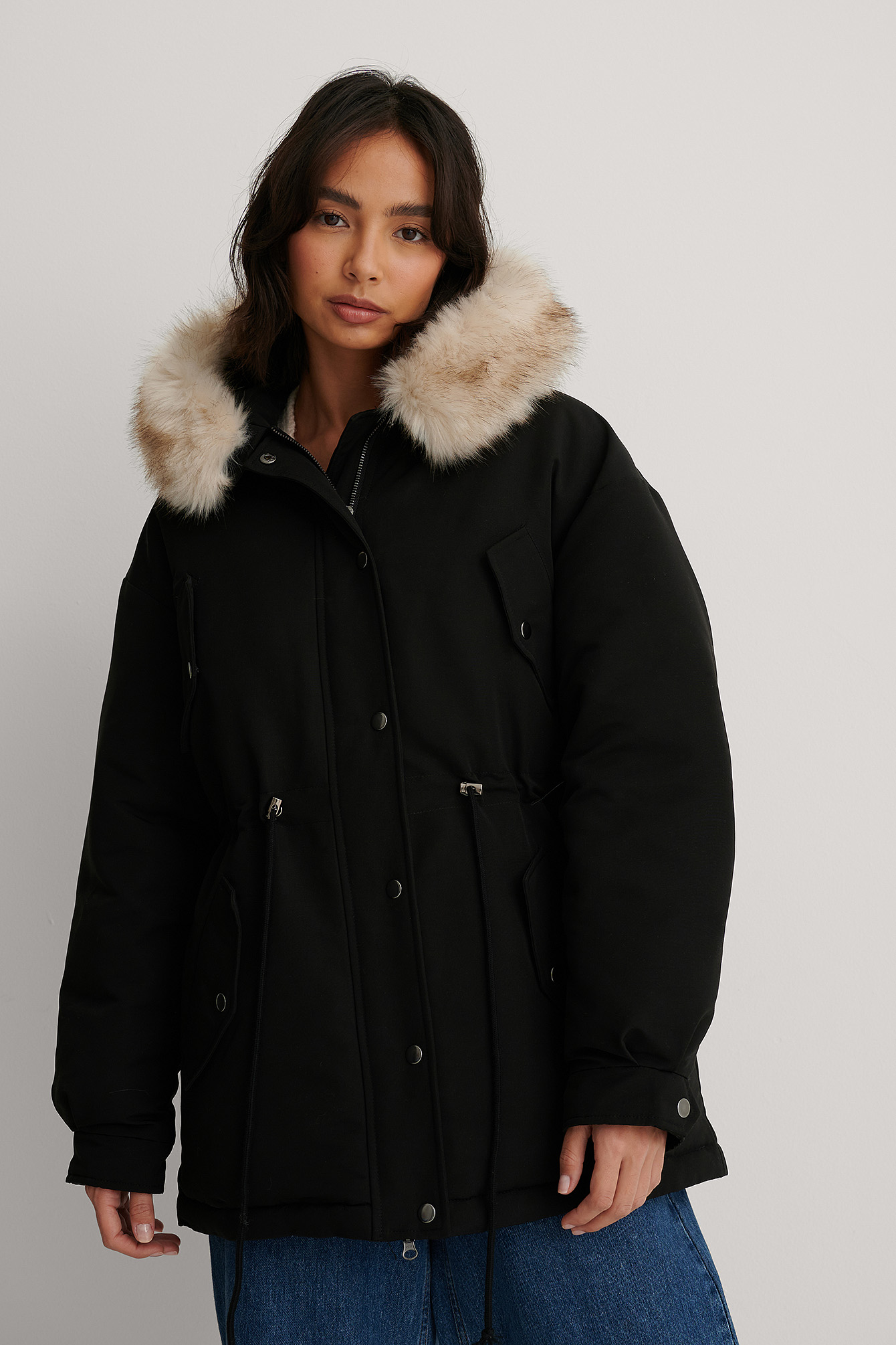 hooded faux fur lined drawstring jacket