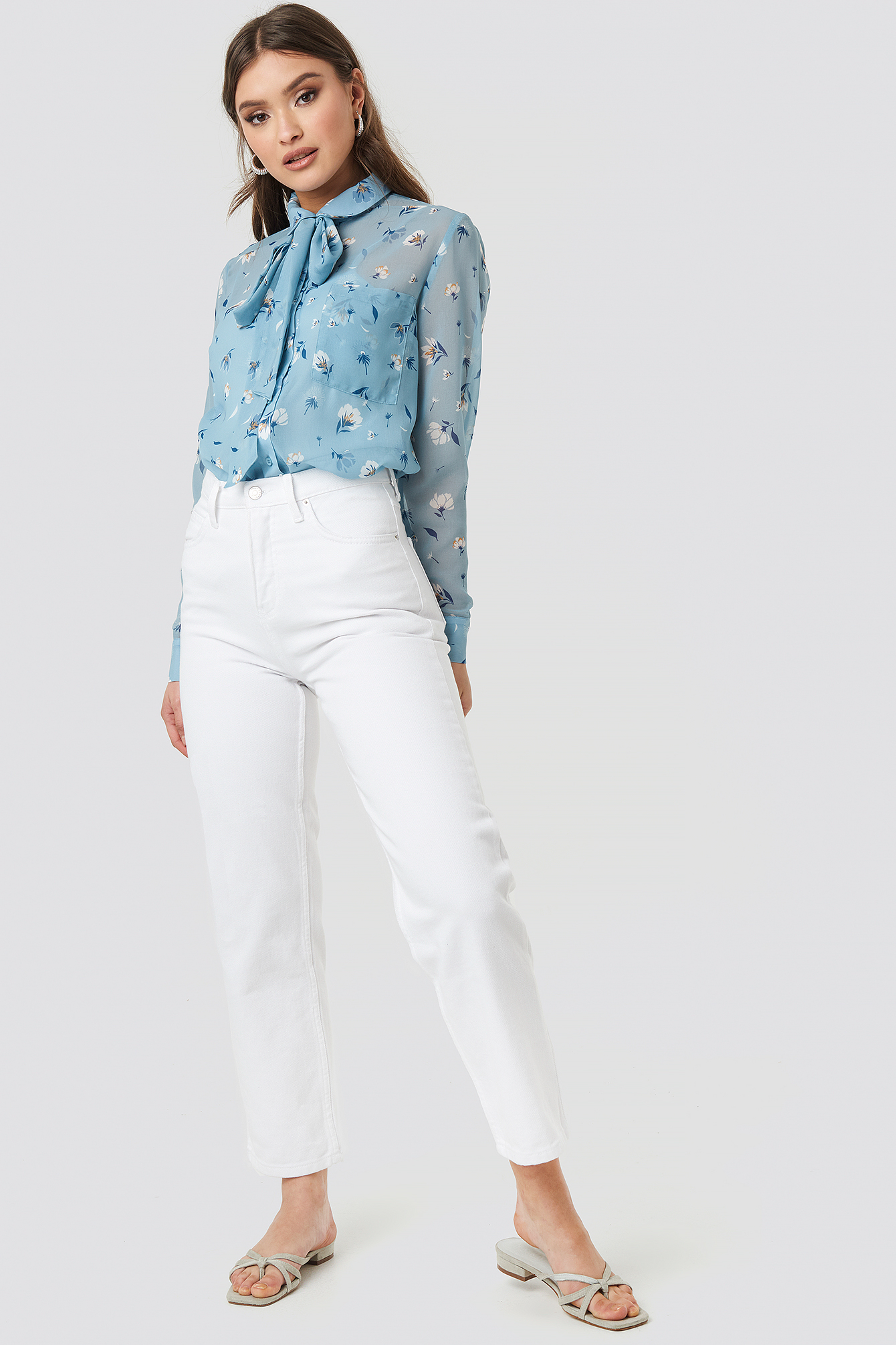 Floral Print Sheer Pussy Bow Blouse Blå Na 0420