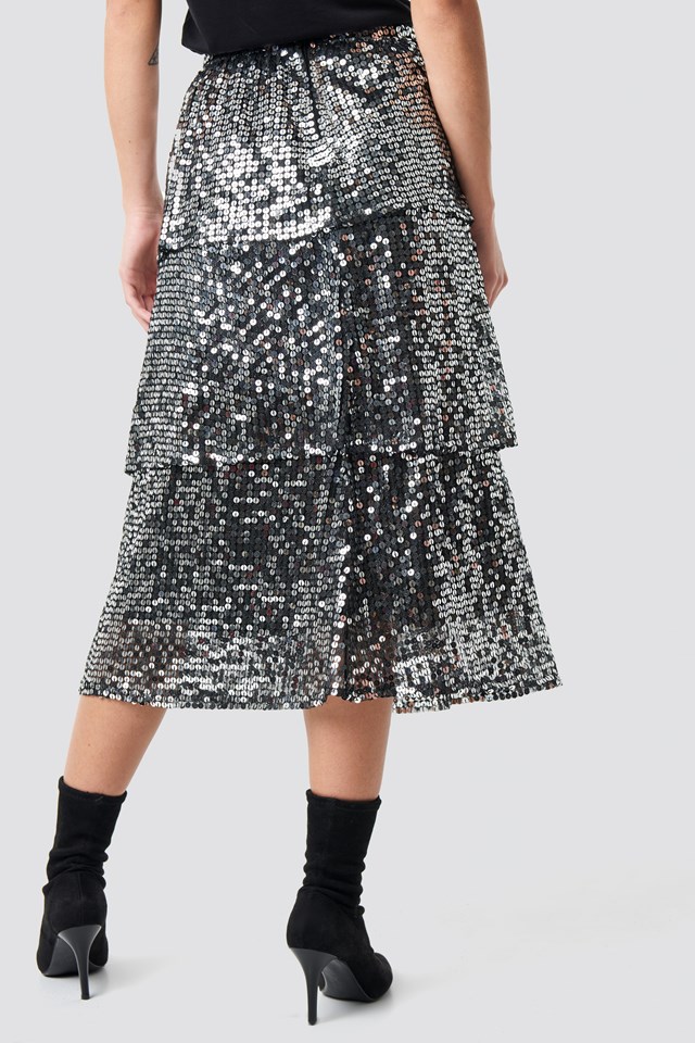 Flounce Sequins Midi Skirt Silver | na-kd.com