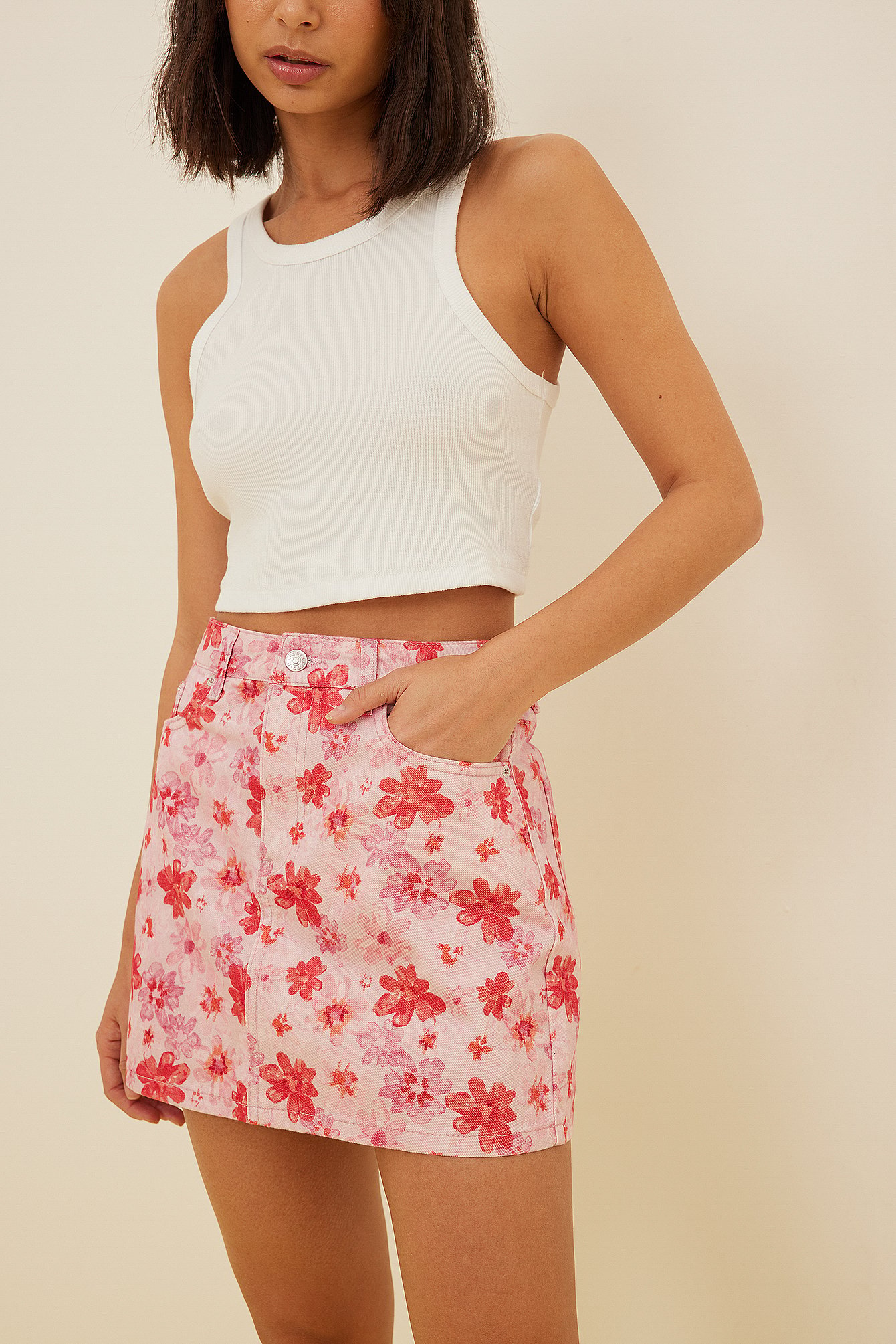 Floral denim mini clearance skirt