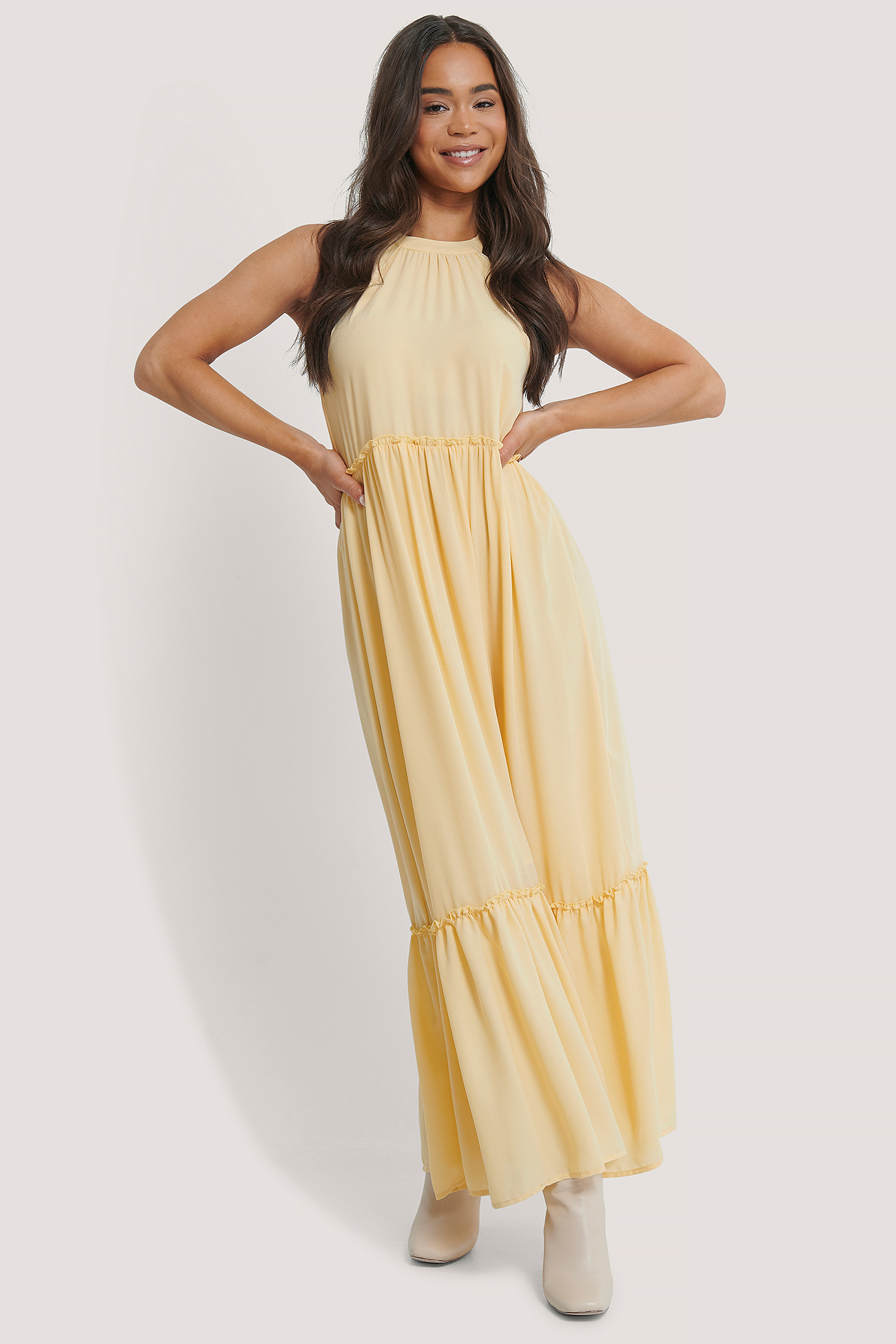 yellow frill maxi dress