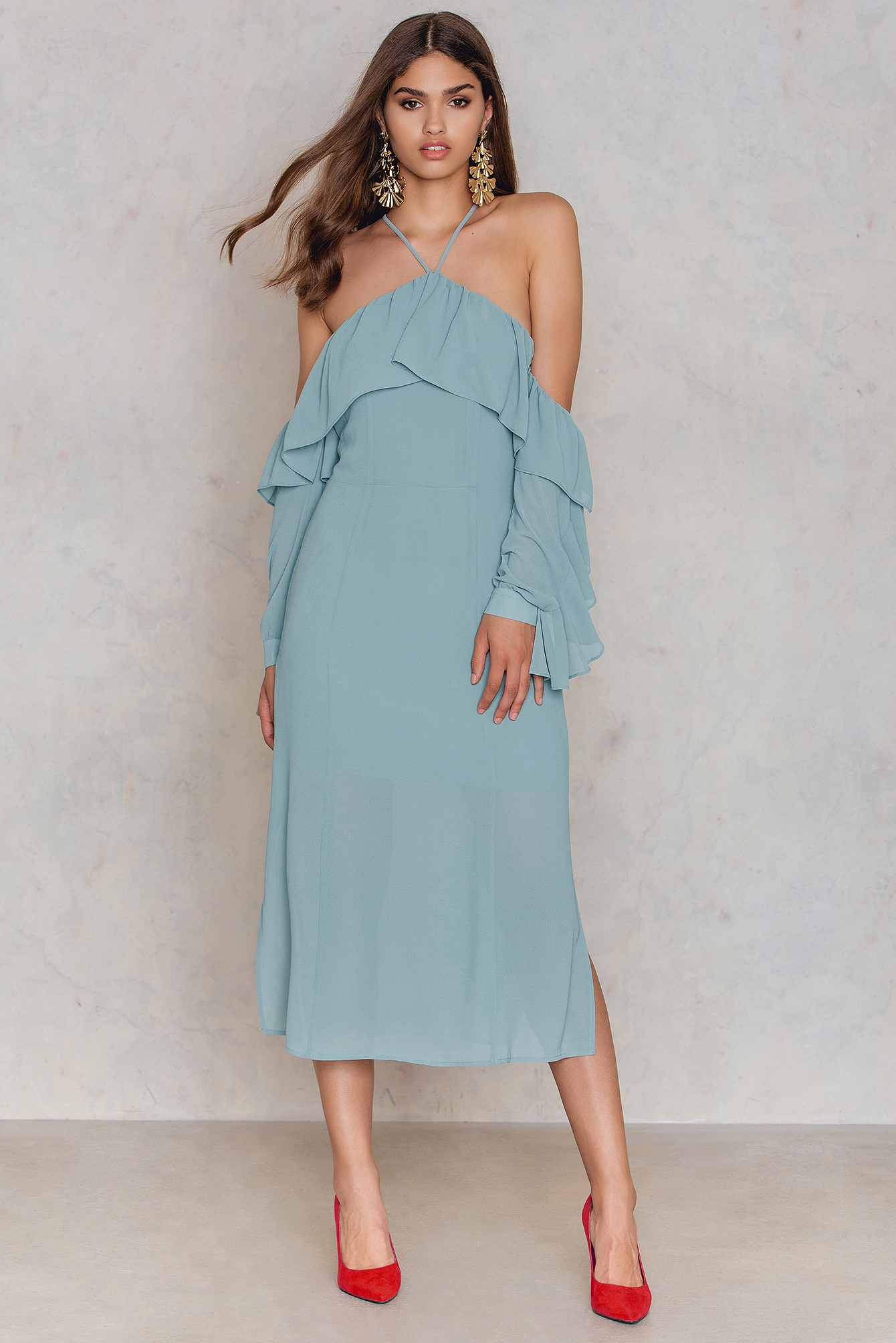 frill neck midi dress