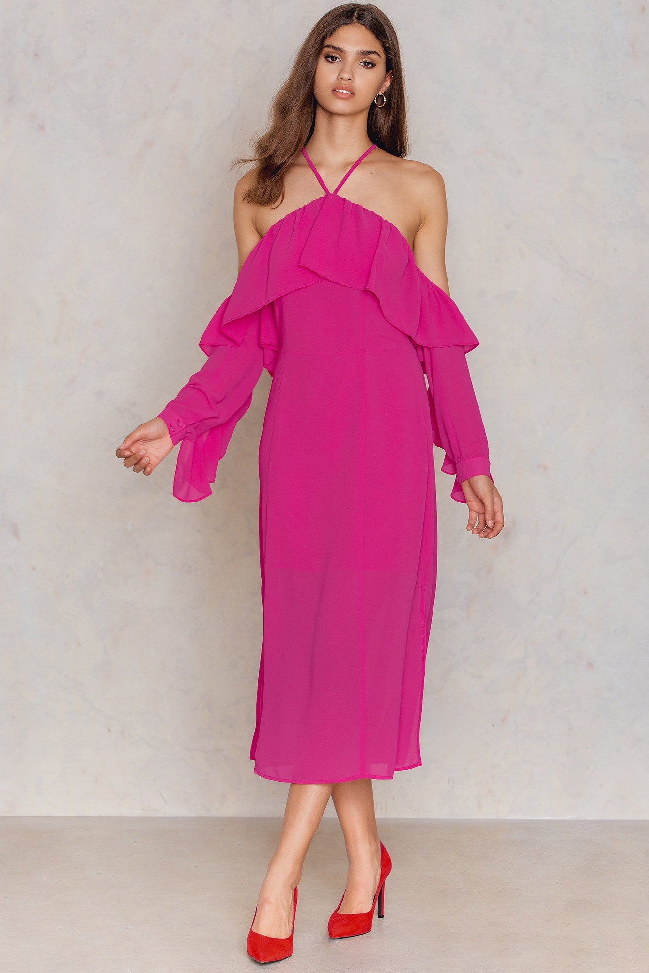 frill neck midi dress