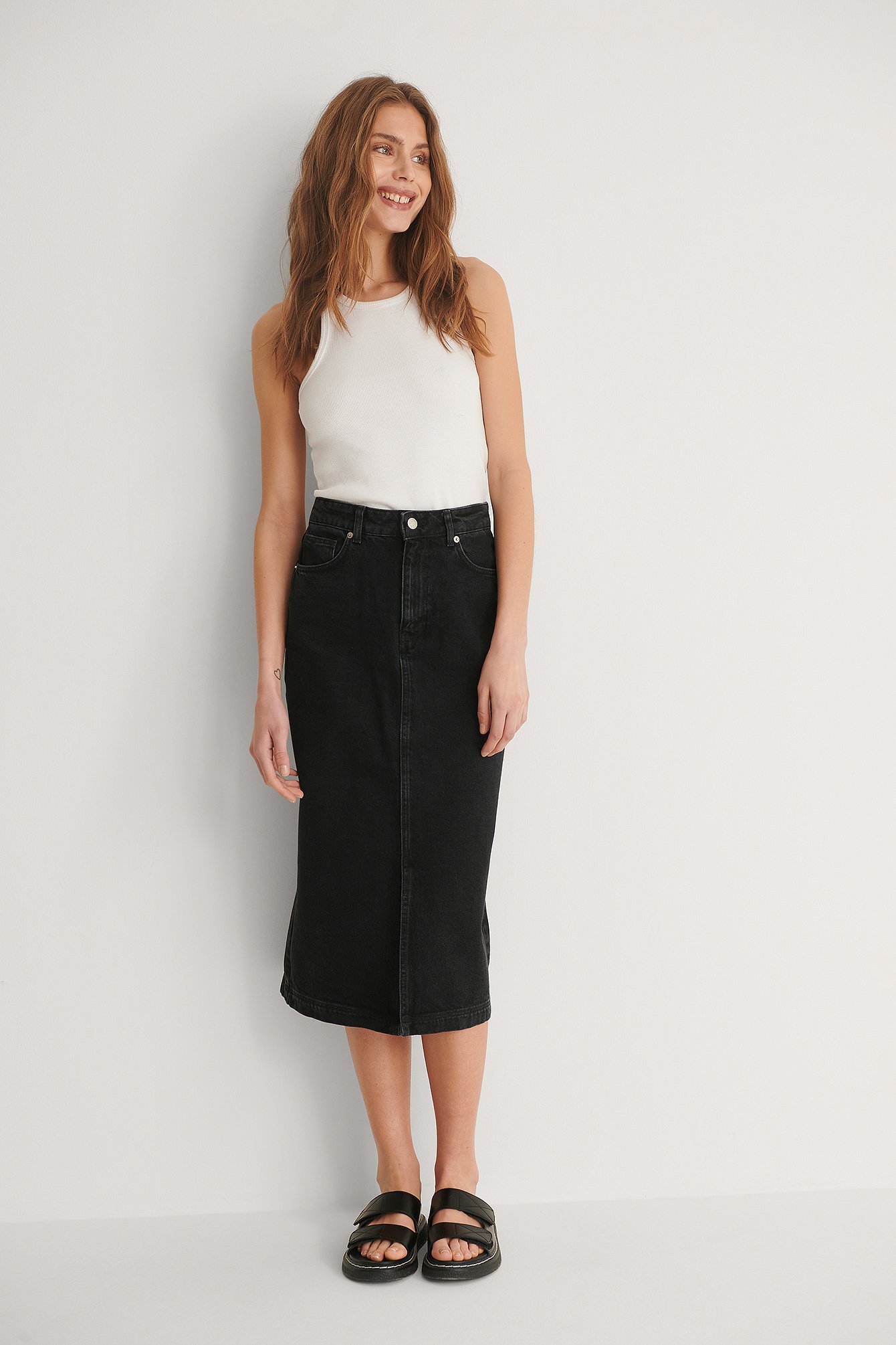 Na-kd Organic Front Slit Midi Denim Skirt - Black