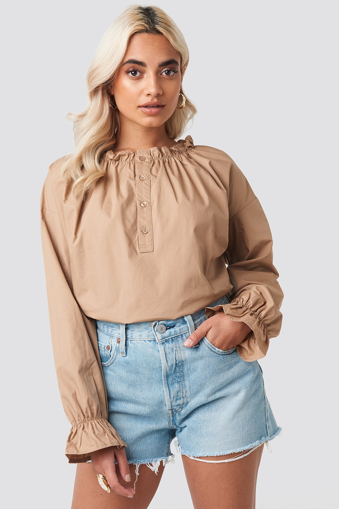 Gathered Neckline Blouse Beige Na