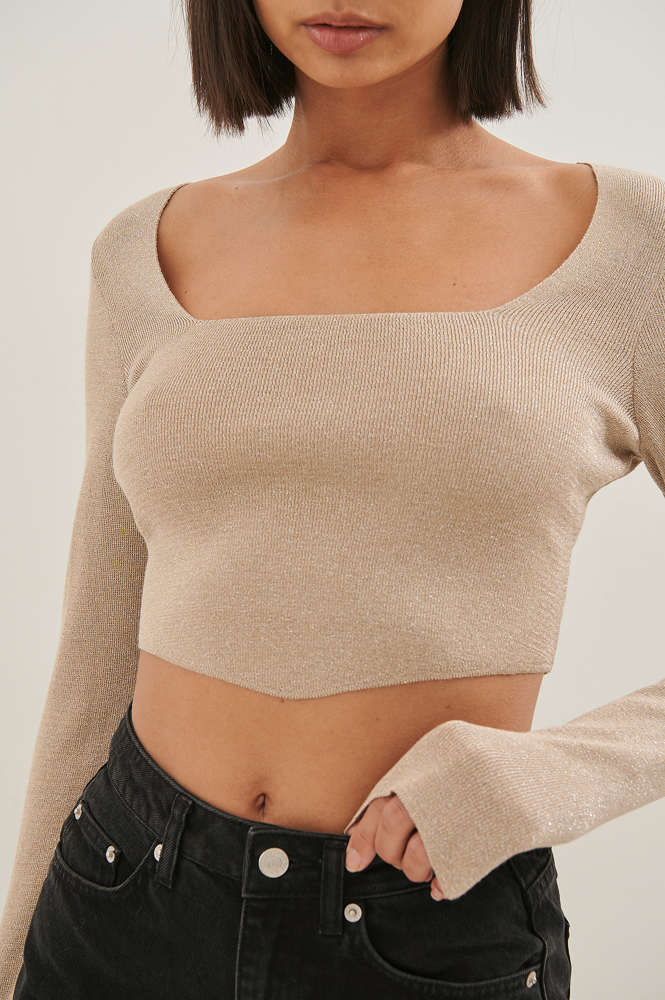 Glitter Cropped Knitted Top Beige Na