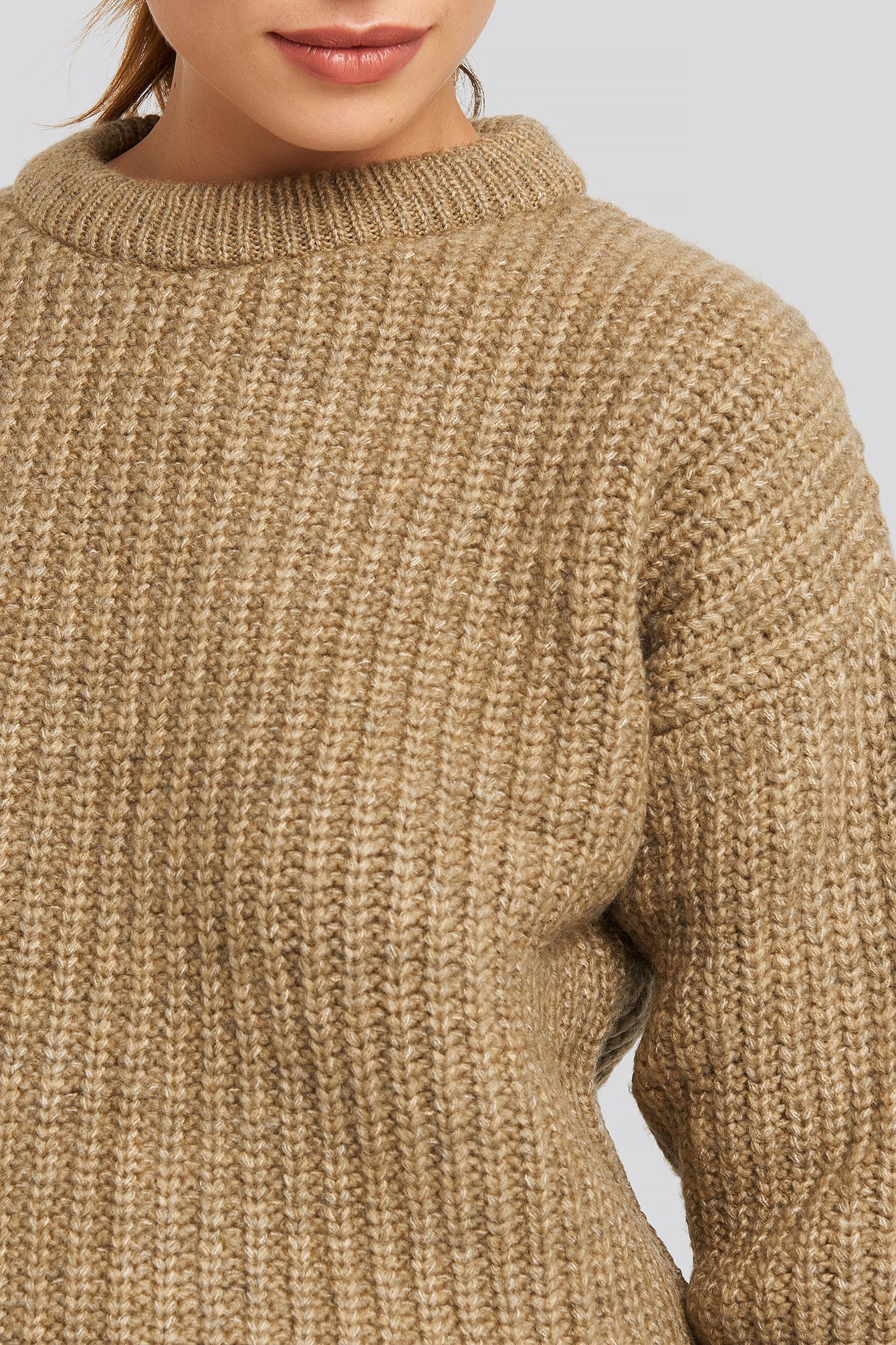 Heavy Knit Round Neck Sweater Beige Na