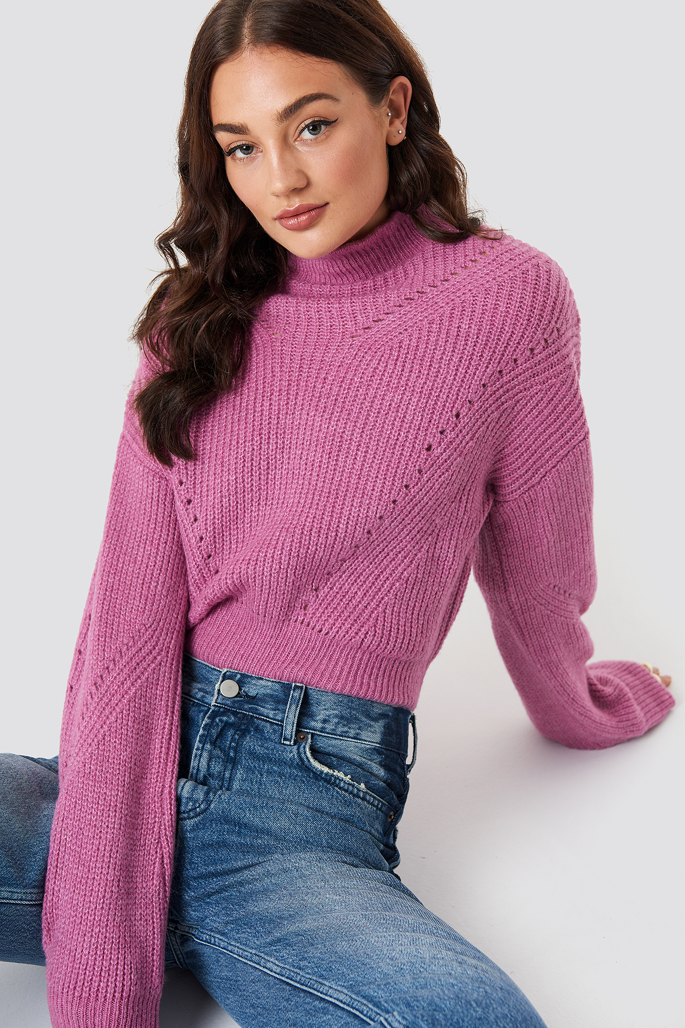 High Neck Pattern Knitted Sweater Pink | na-kd.com