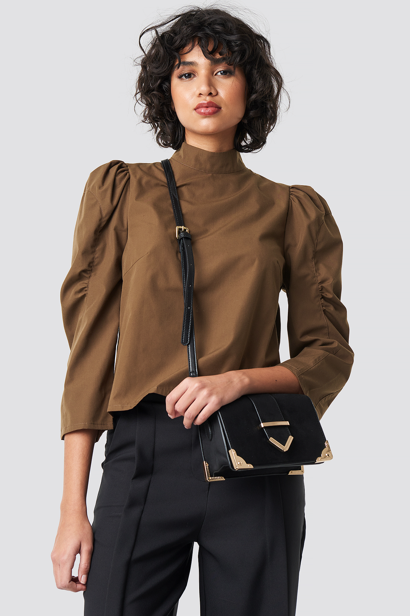 High Neck Puff Sleeve Blouse Brown | NA-KD