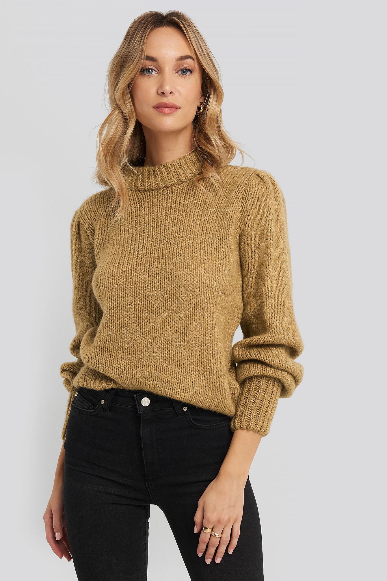 High Neck Ribbed Knitted Sweater Beige Na