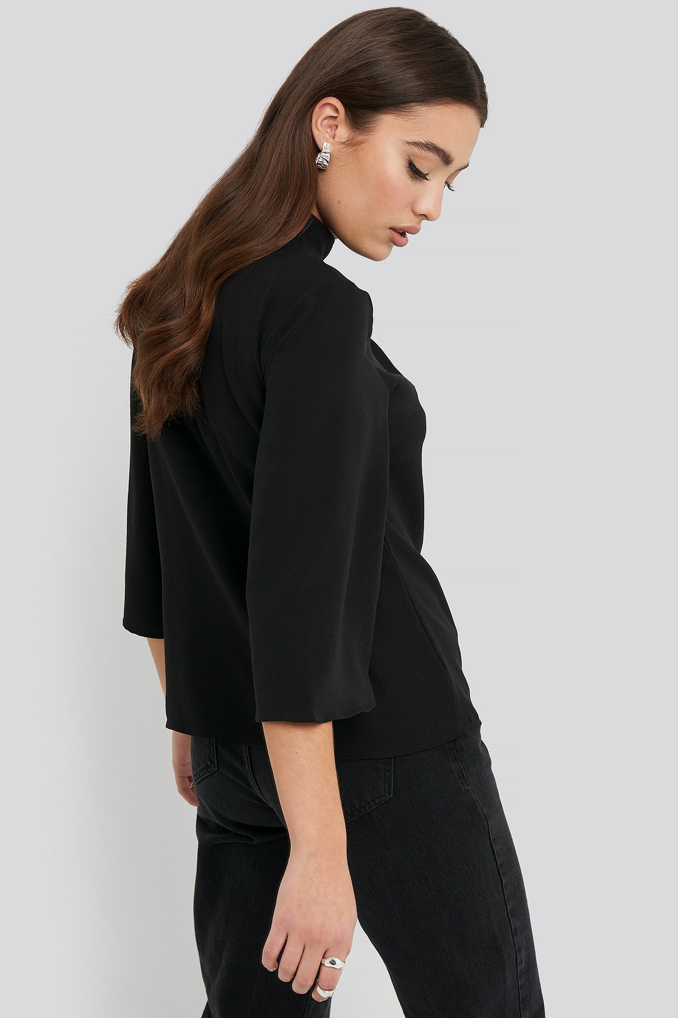 High Neck Wide Sleeve Blouse Black Na