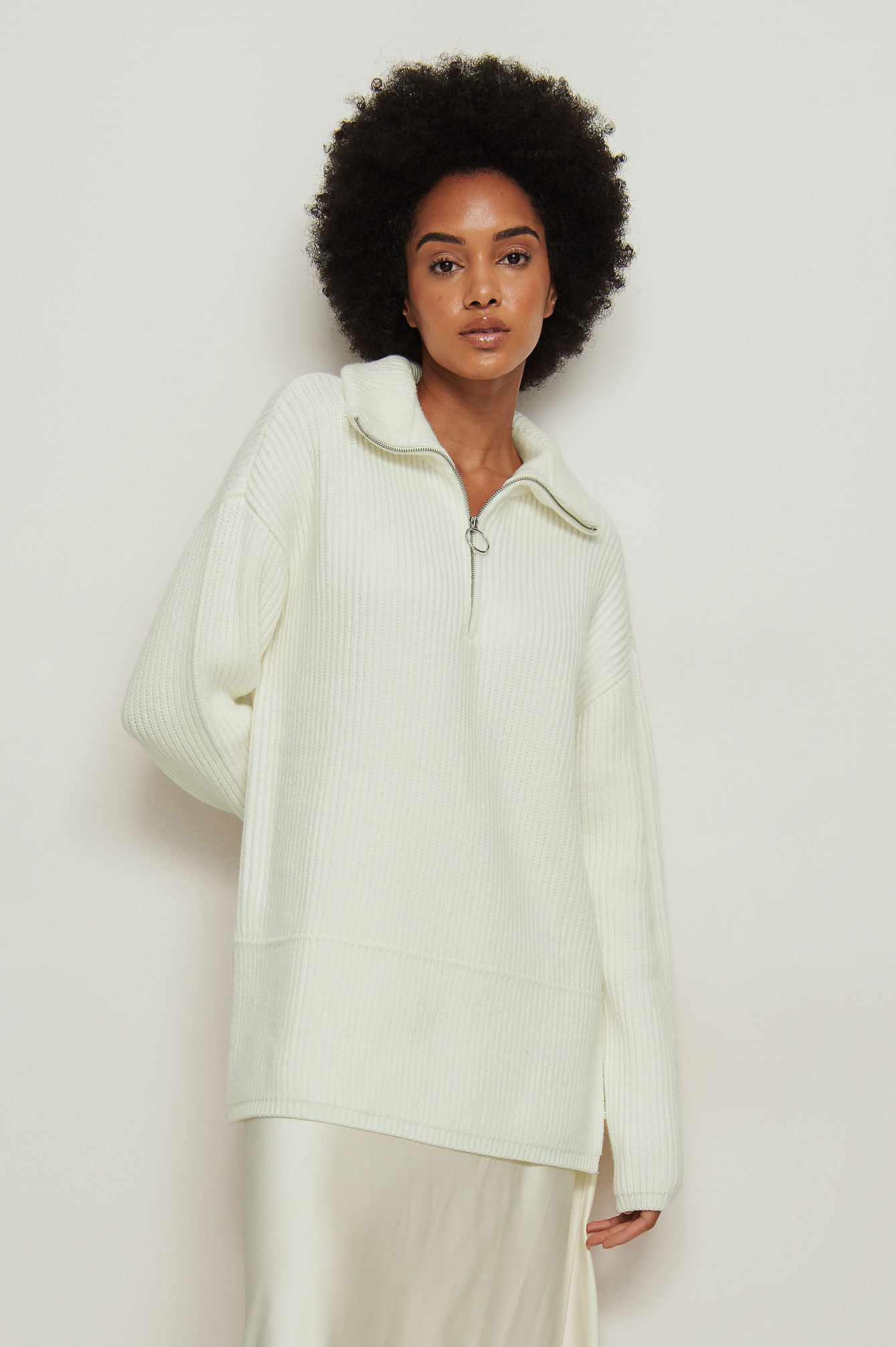 High Neck Zipped Knitted Sweater Offwhite | na-kd.com