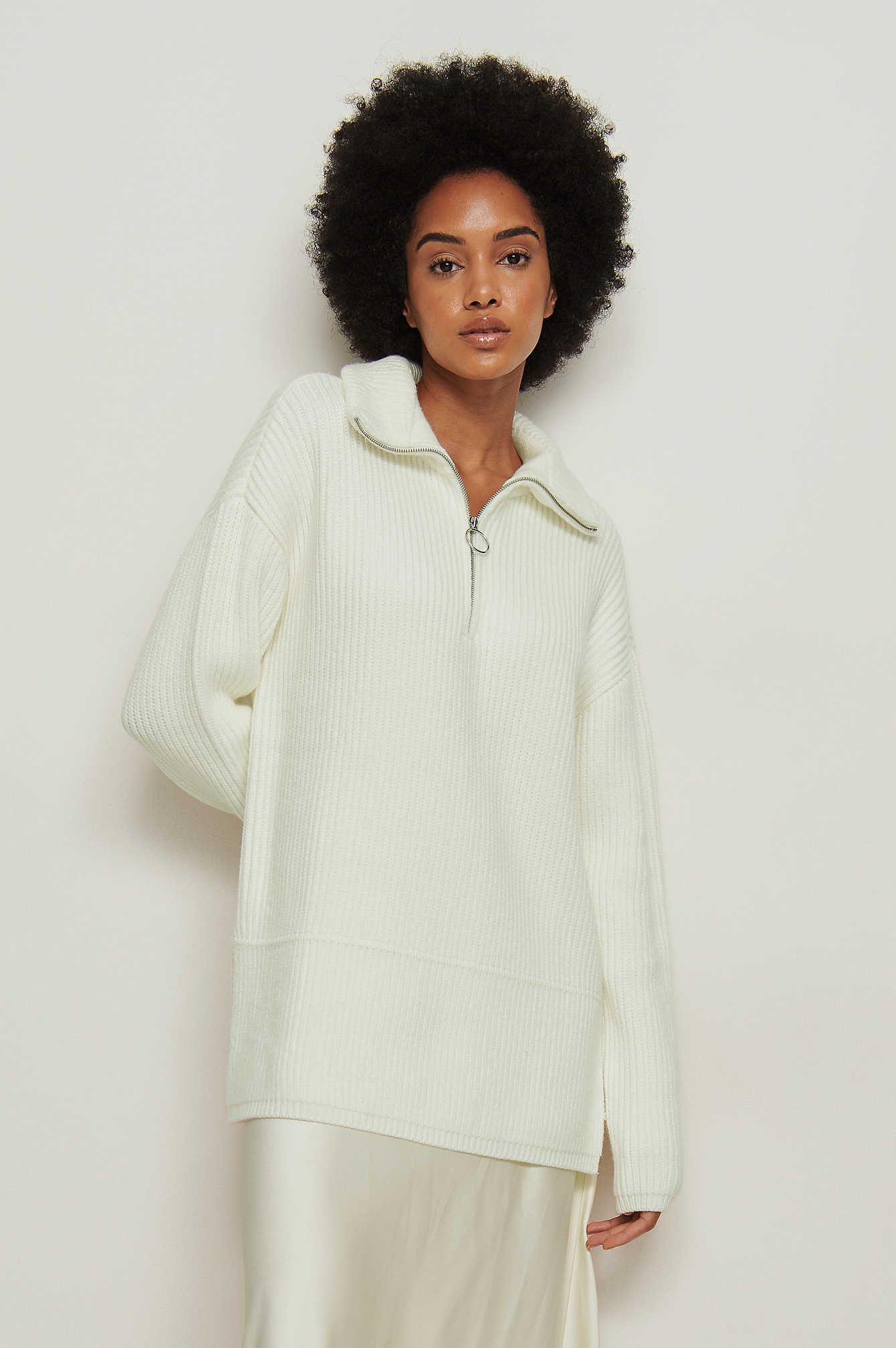 High Neck Zipped Knitted Sweater Offwhite