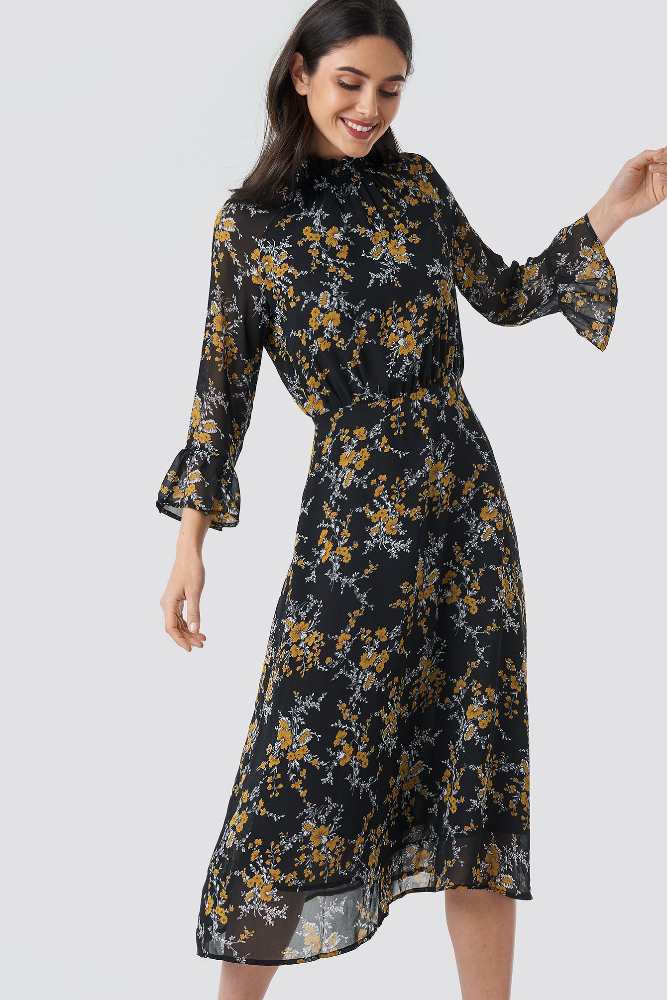 High Smock Neck Chiffon Dress Flower | na-kd.com