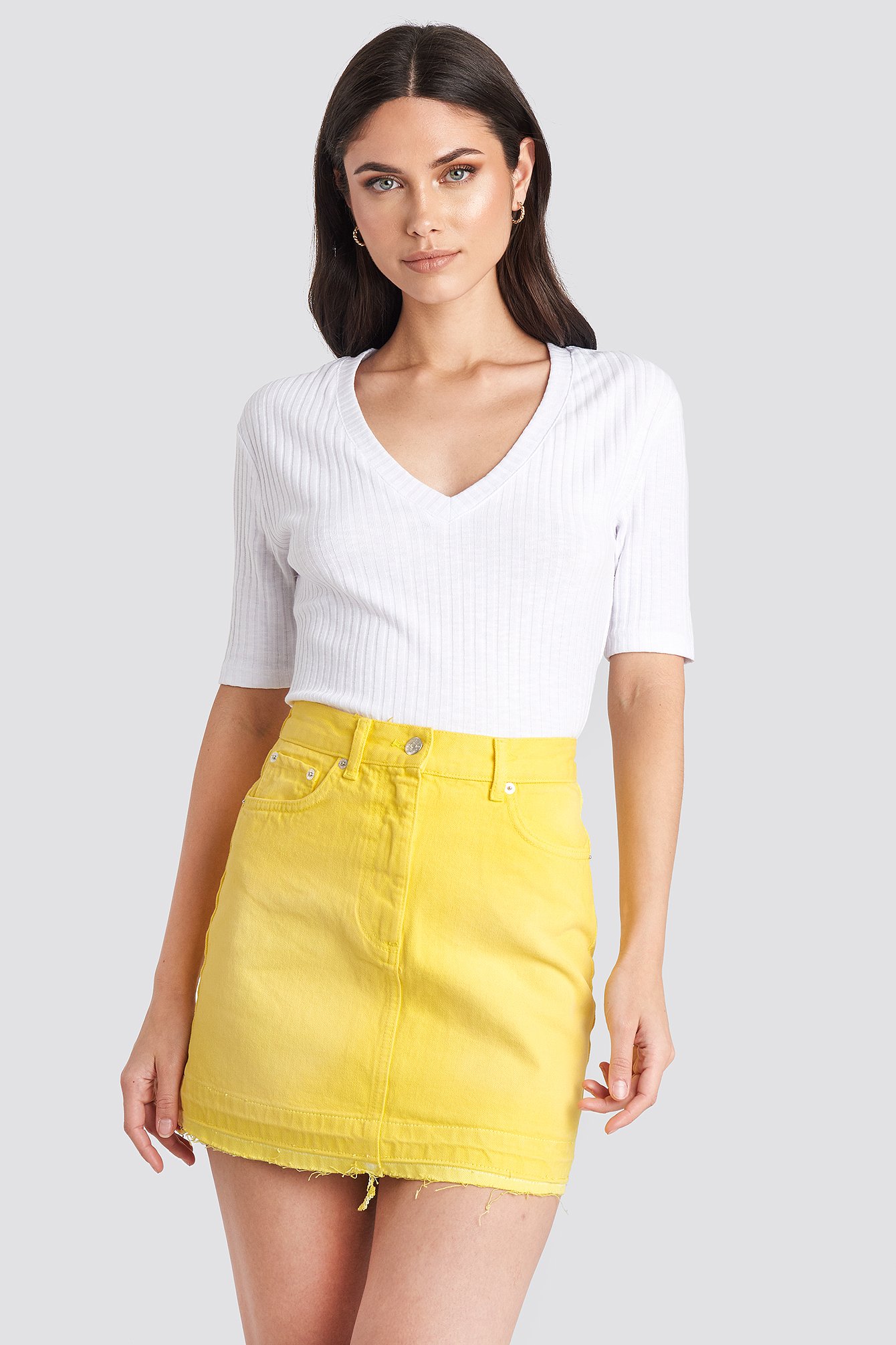 yellow denim mini skirt