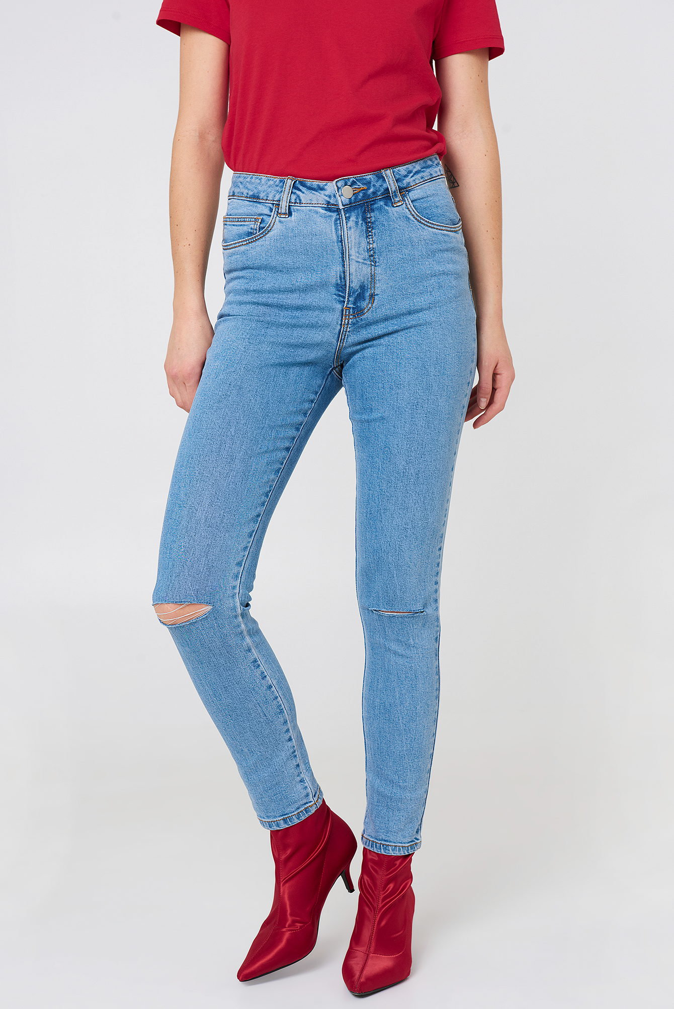 Highwaist Ripped Knee Skinny Jeans Blue | na-kd.com