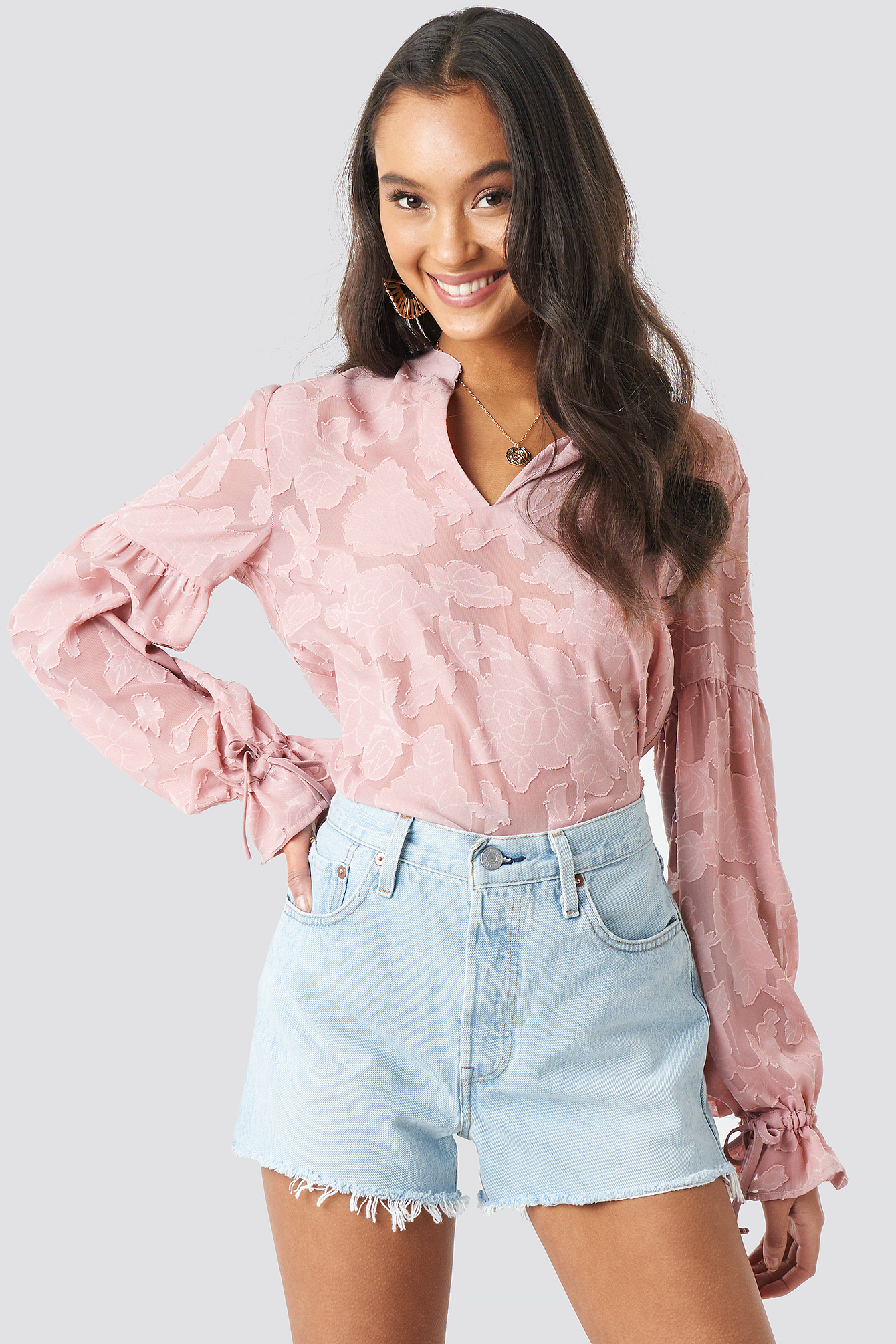 Jacquard Flower Applique Blouse Rosa Na Kd