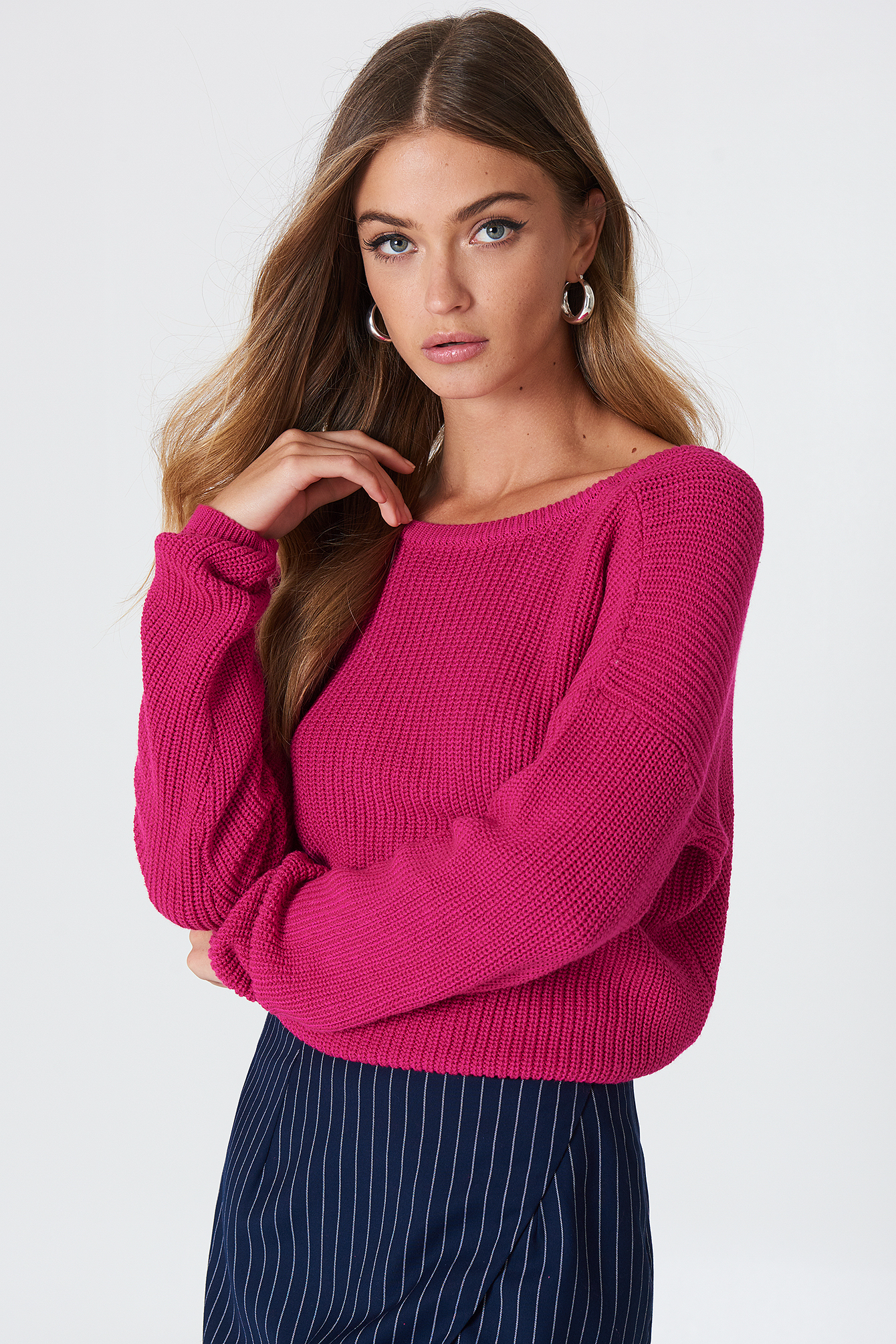Knitted Deep V Neck Sweater Pink Na