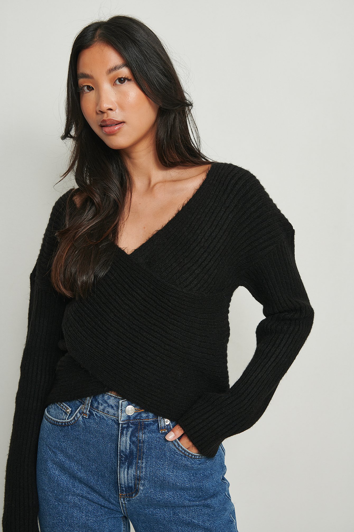 Knitted Wrap Sweater Black | na-kd.com