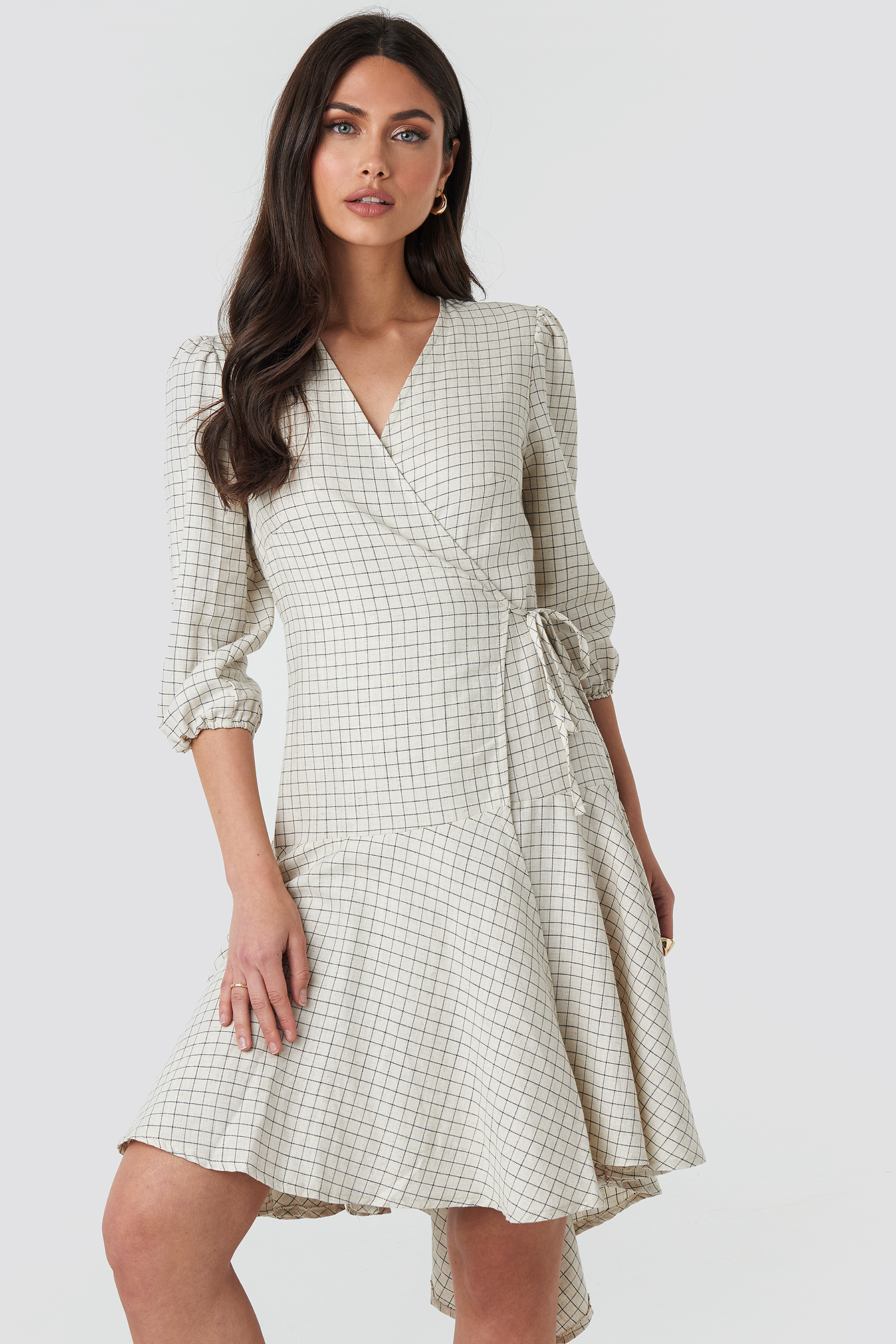 Linen Look Wrap Over Checked Dress Grey | NA-KD