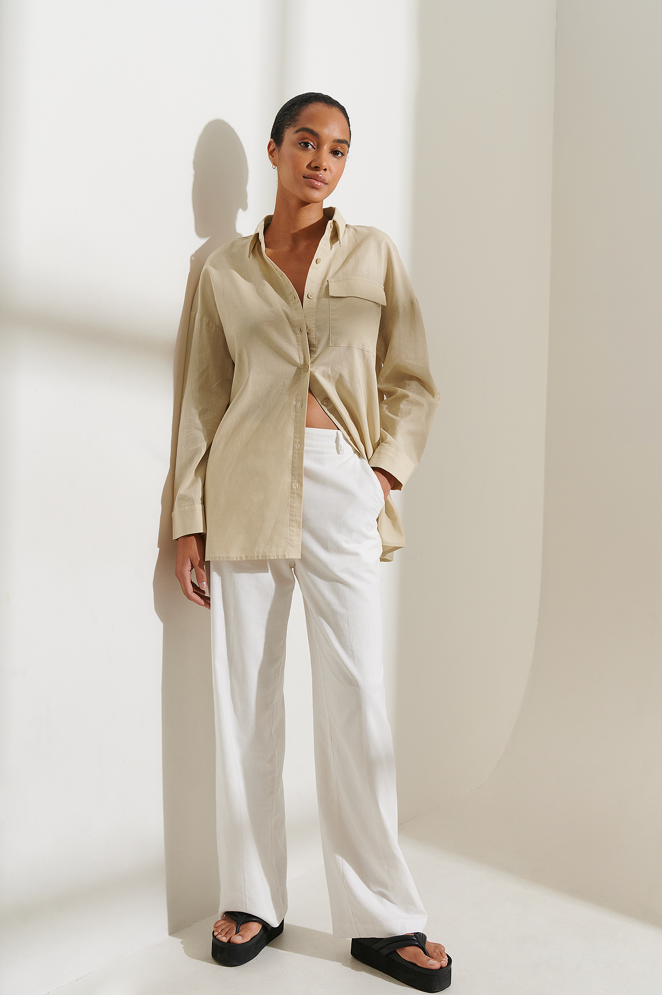 Linen Oversized Shirt Beige | NA-KD