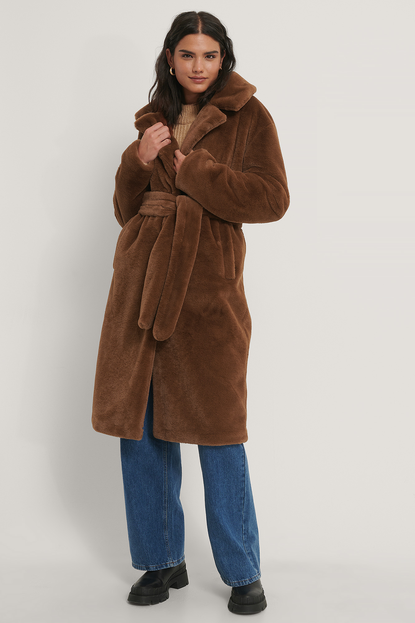 Long Belted Faux Fur Coat Brown
