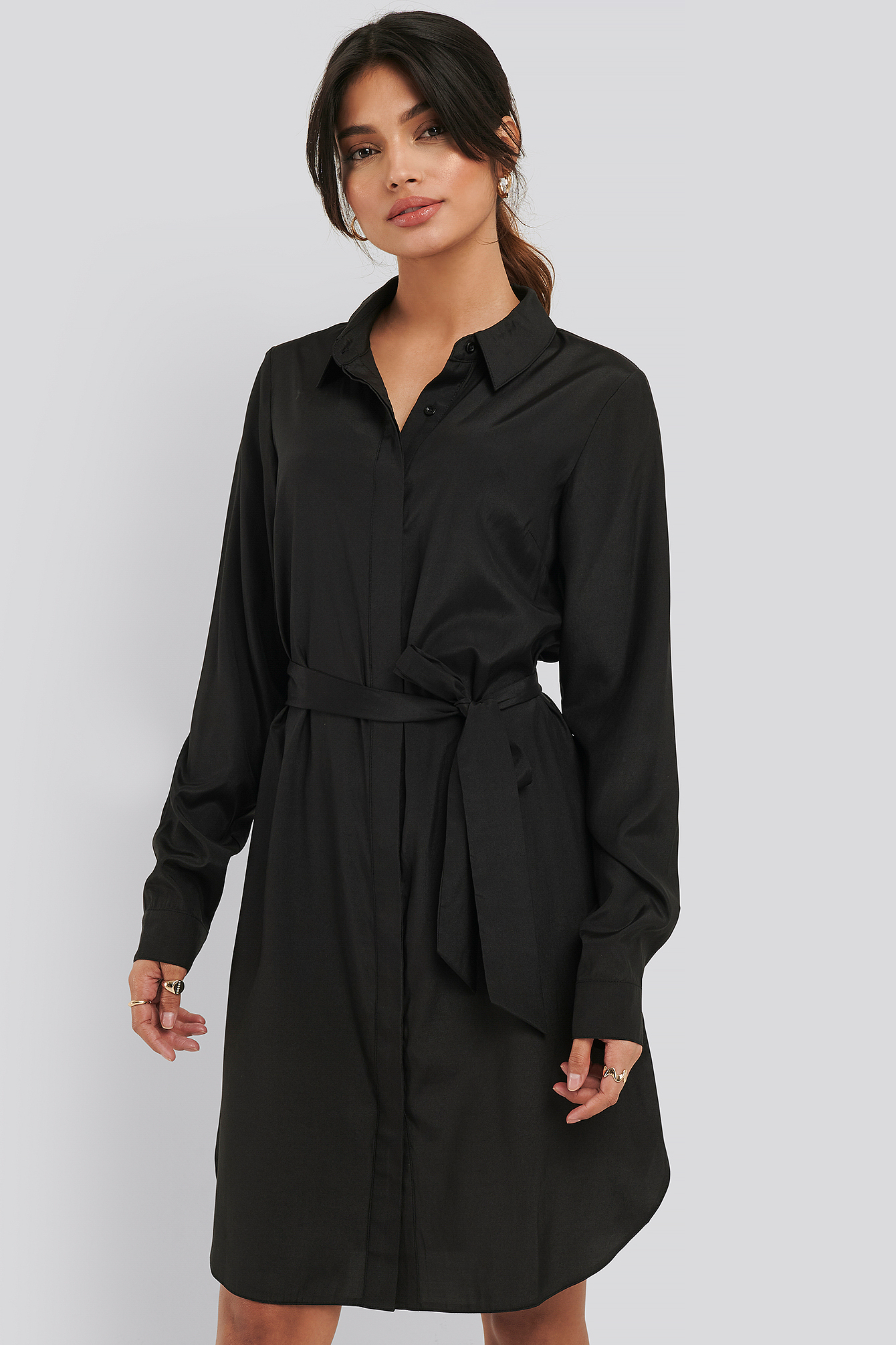 Long Sleeve Belted Shirt Dress Black | NA-KD
