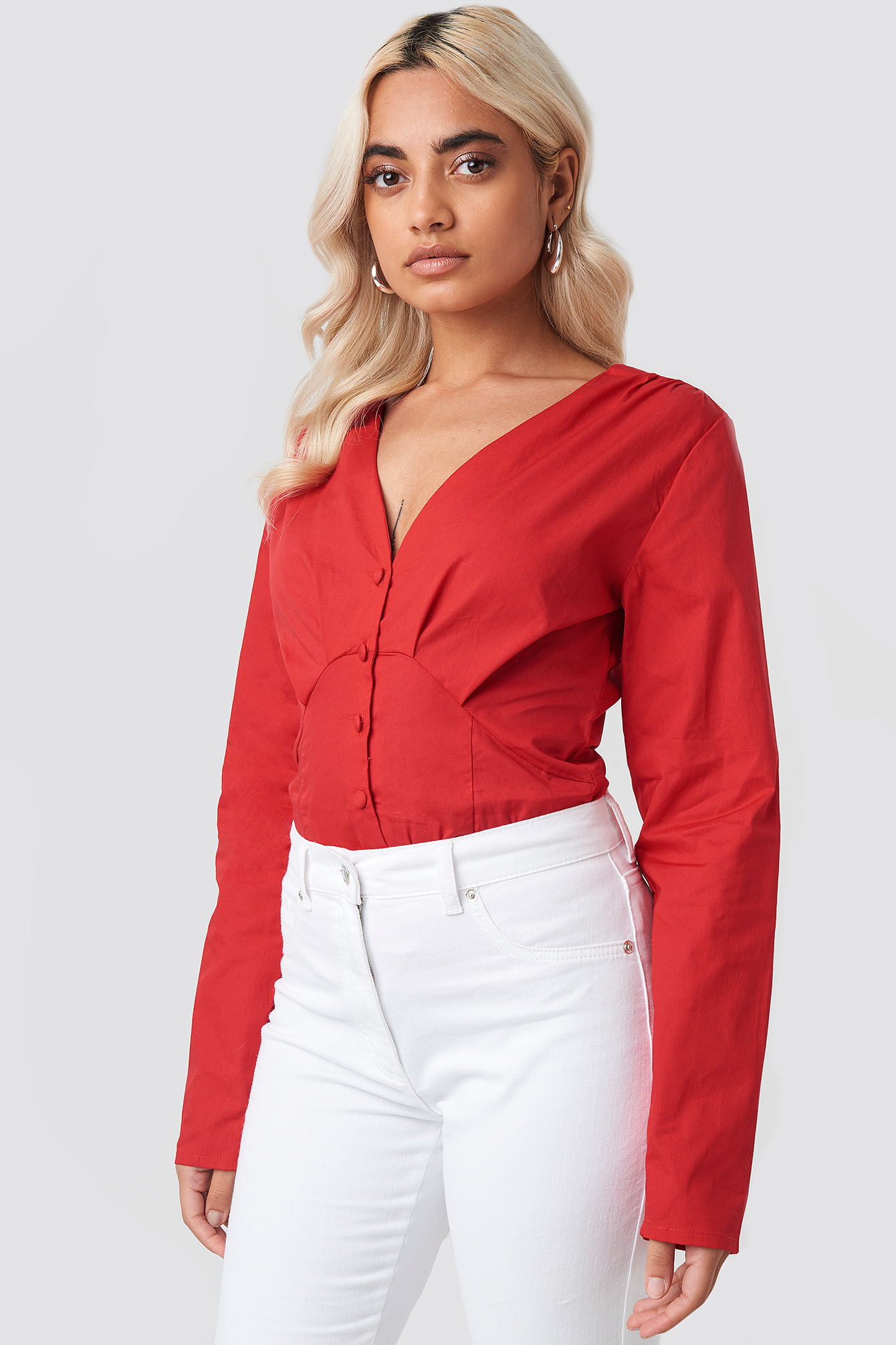 Long Sleeve Buttoned Blouse Red Na Kd 